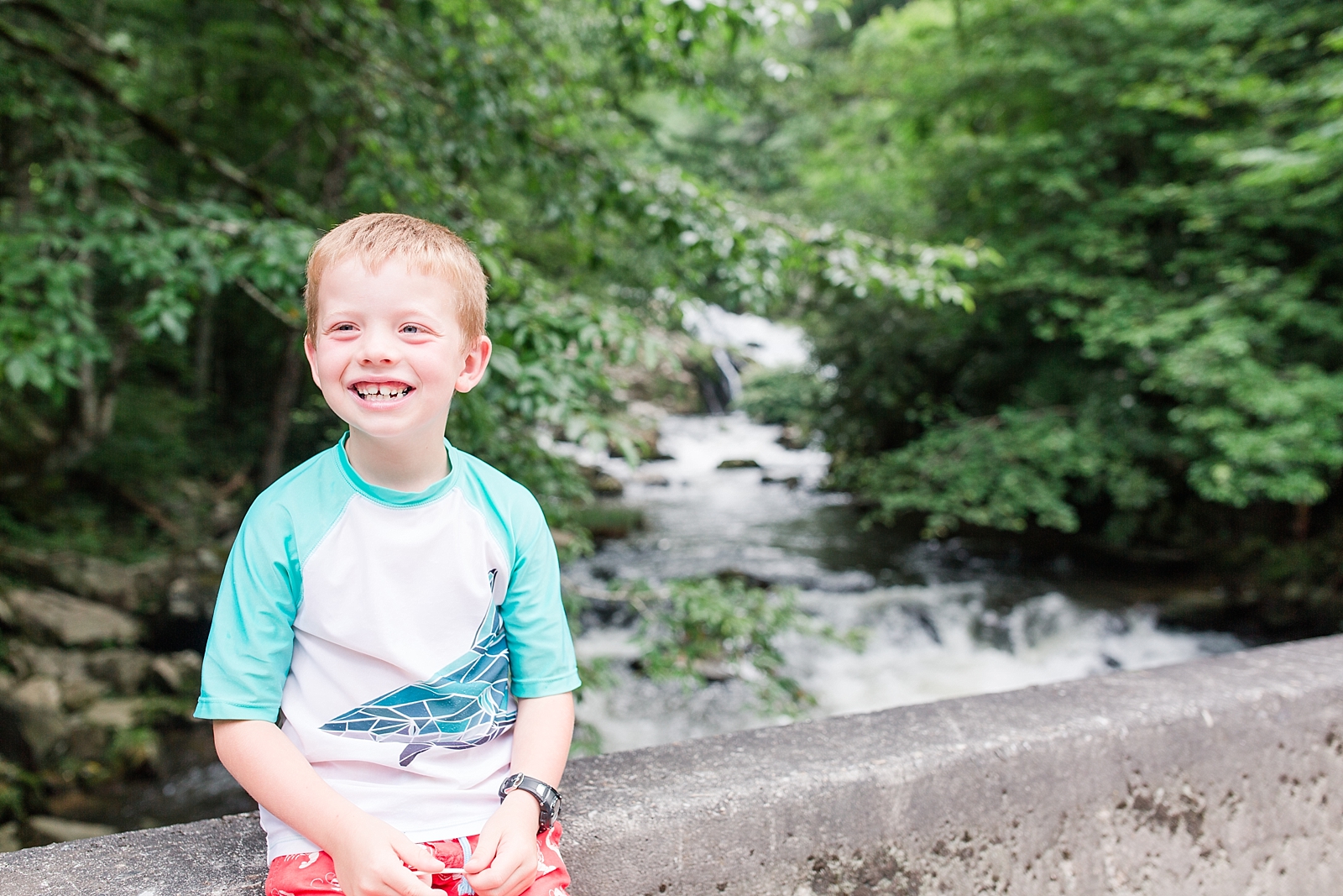 Nantahala River little boy smiling sitting on bridge in front of water fall photo