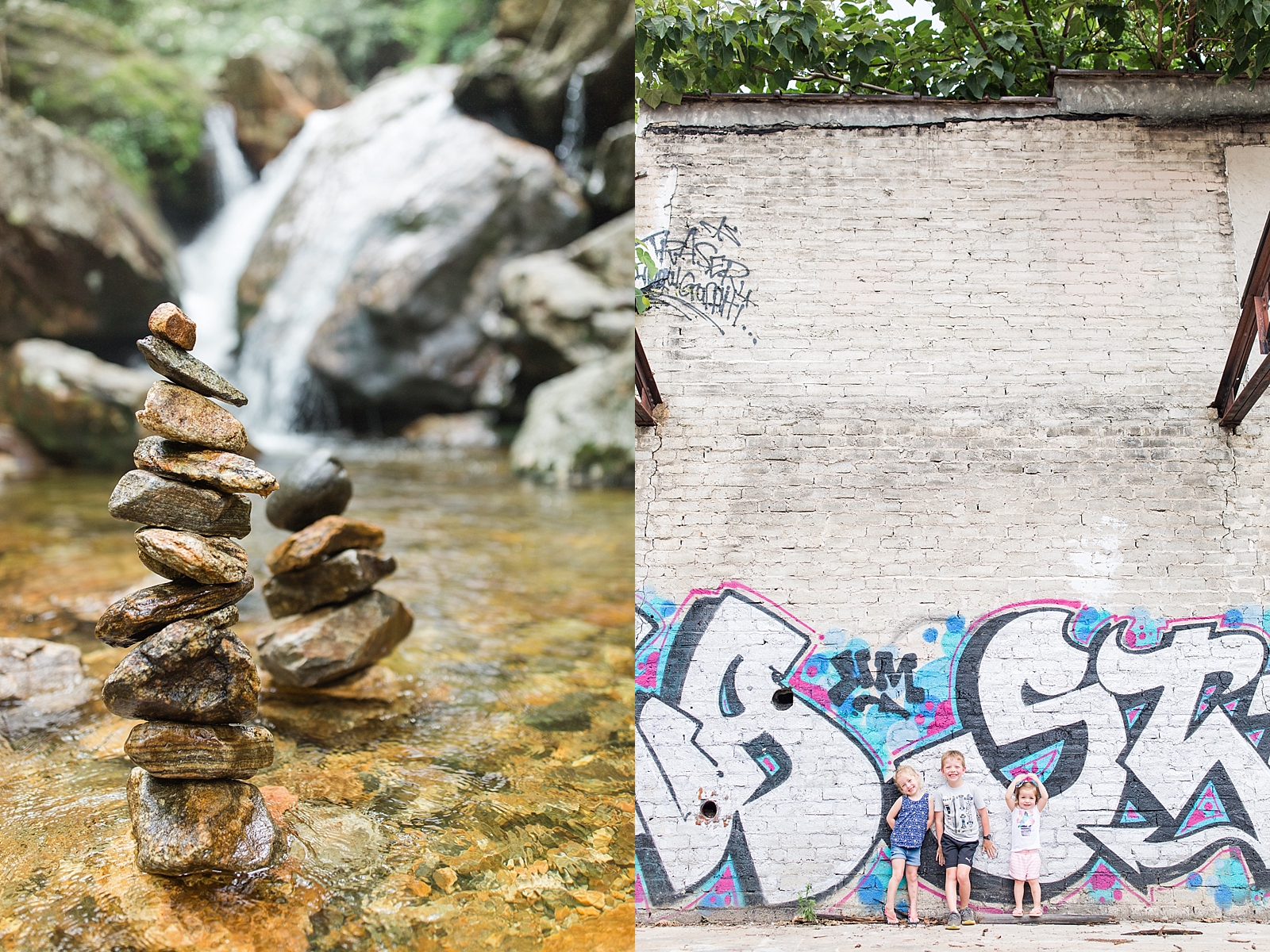 Skinny Dip Falls stack of rocks in front of water fall and kids in front of graffiti wall in Asheville Photos