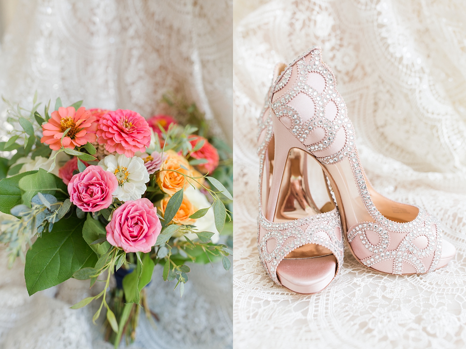 Atlanta Georgia Elopement Detail of bridal bouquet with pink flowers and detail of pink bridal heels Photos