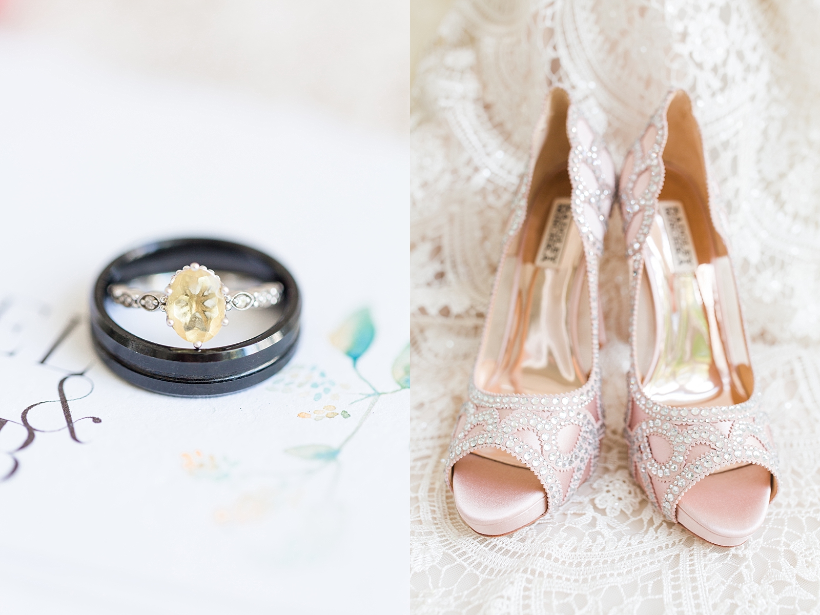 Atlanta Georgia Elopement detail of wedding rings on invitation suite and bridal shoes on lace dress Photos