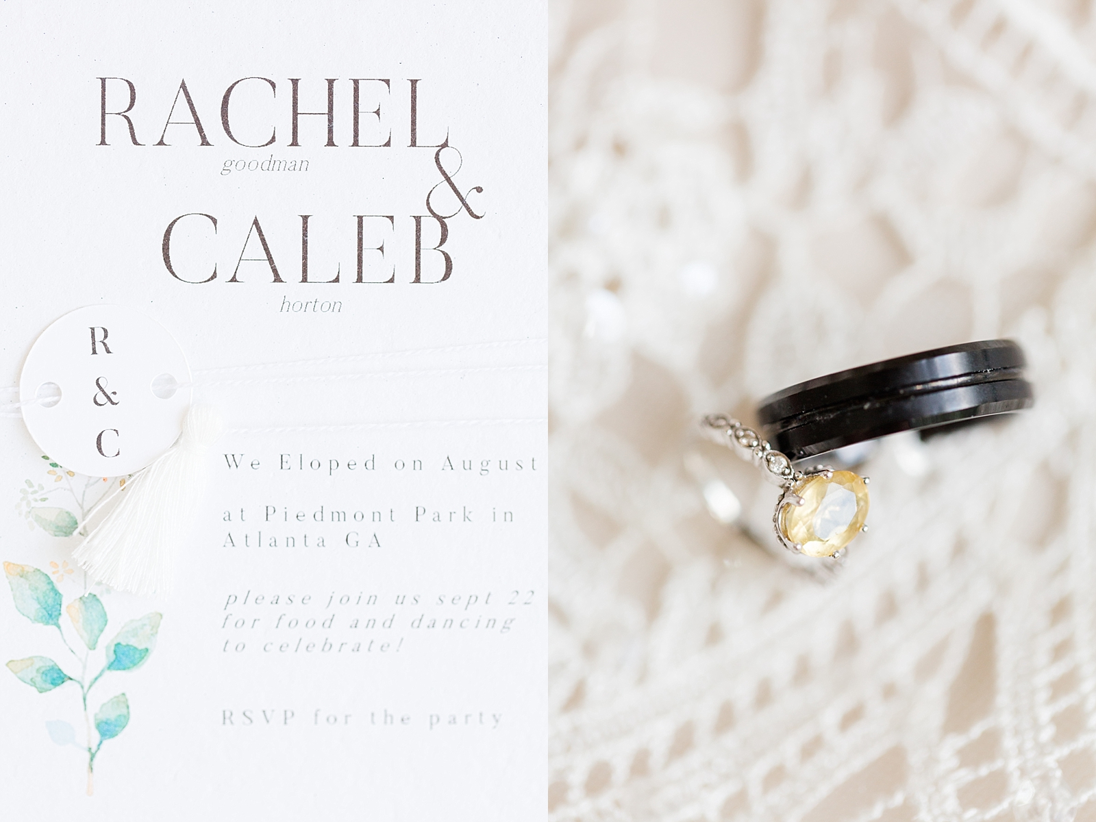 Atlanta Georgia Elopement detail of invitation and wedding rings on lace dress Photos