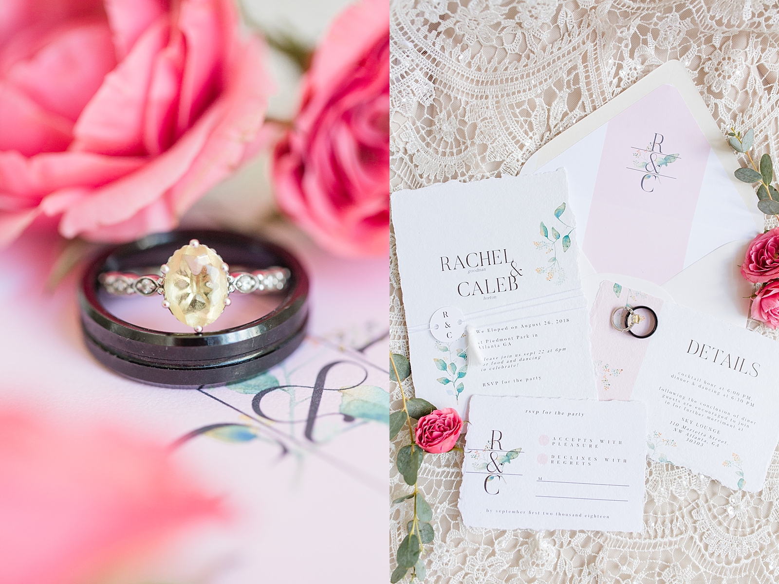 Atlanta Georgia Elopement wedding rings on invitation suite with pink roses and invitation suite Photos