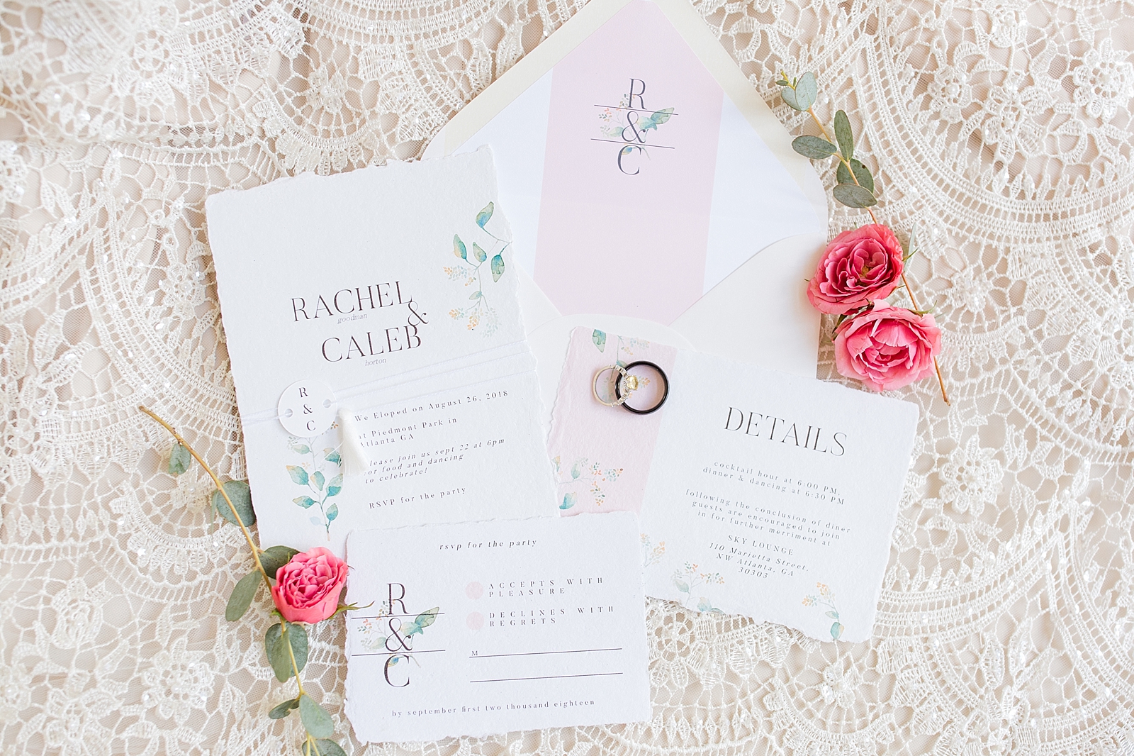 Atlanta Georgia Elopement Invitation Suite with pink roses and wedding rings on lace dress Photo