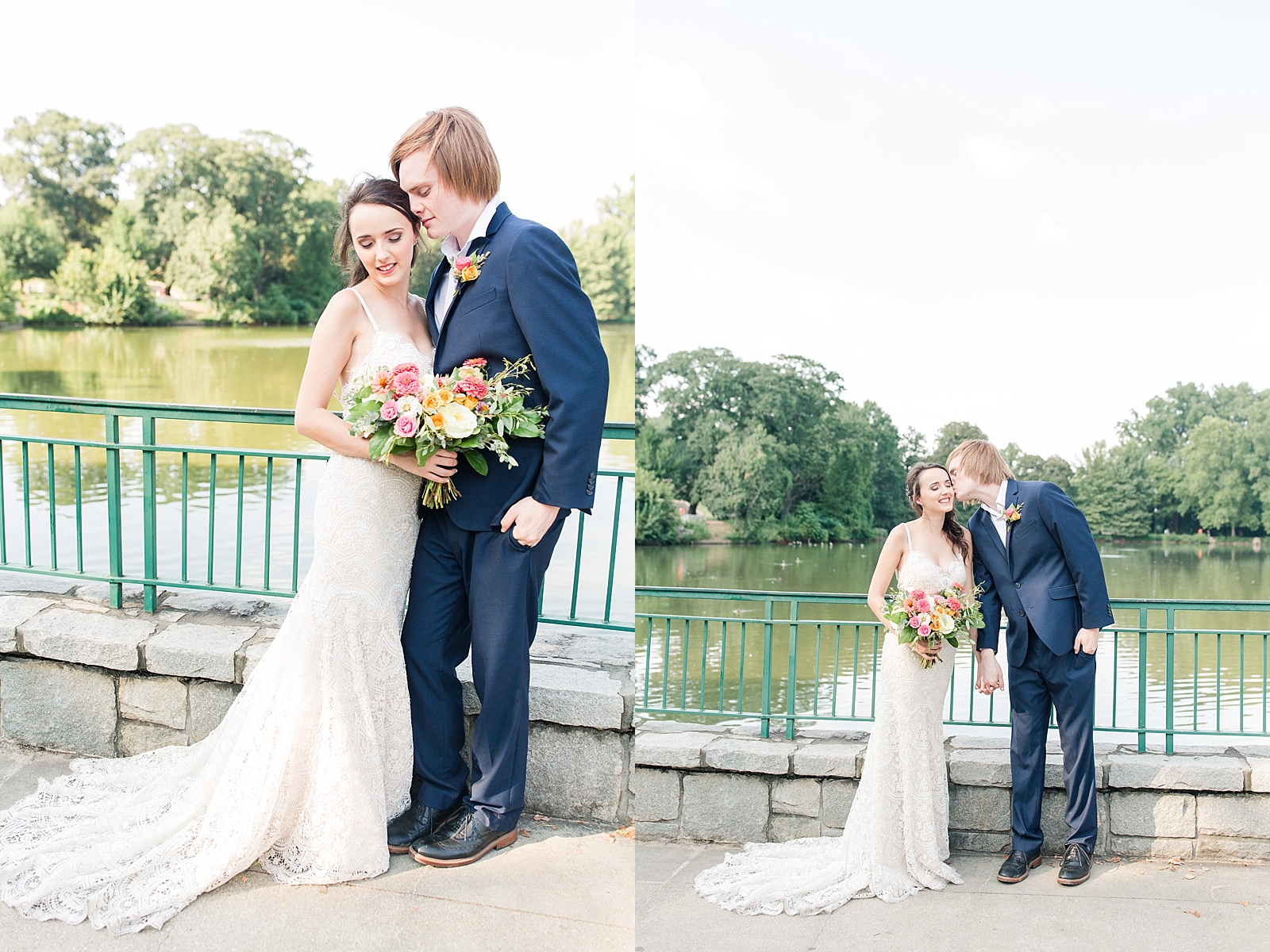 Atlanta Georgia Elopement Bride and Groom on bride in front of pond at piedmont park Photos