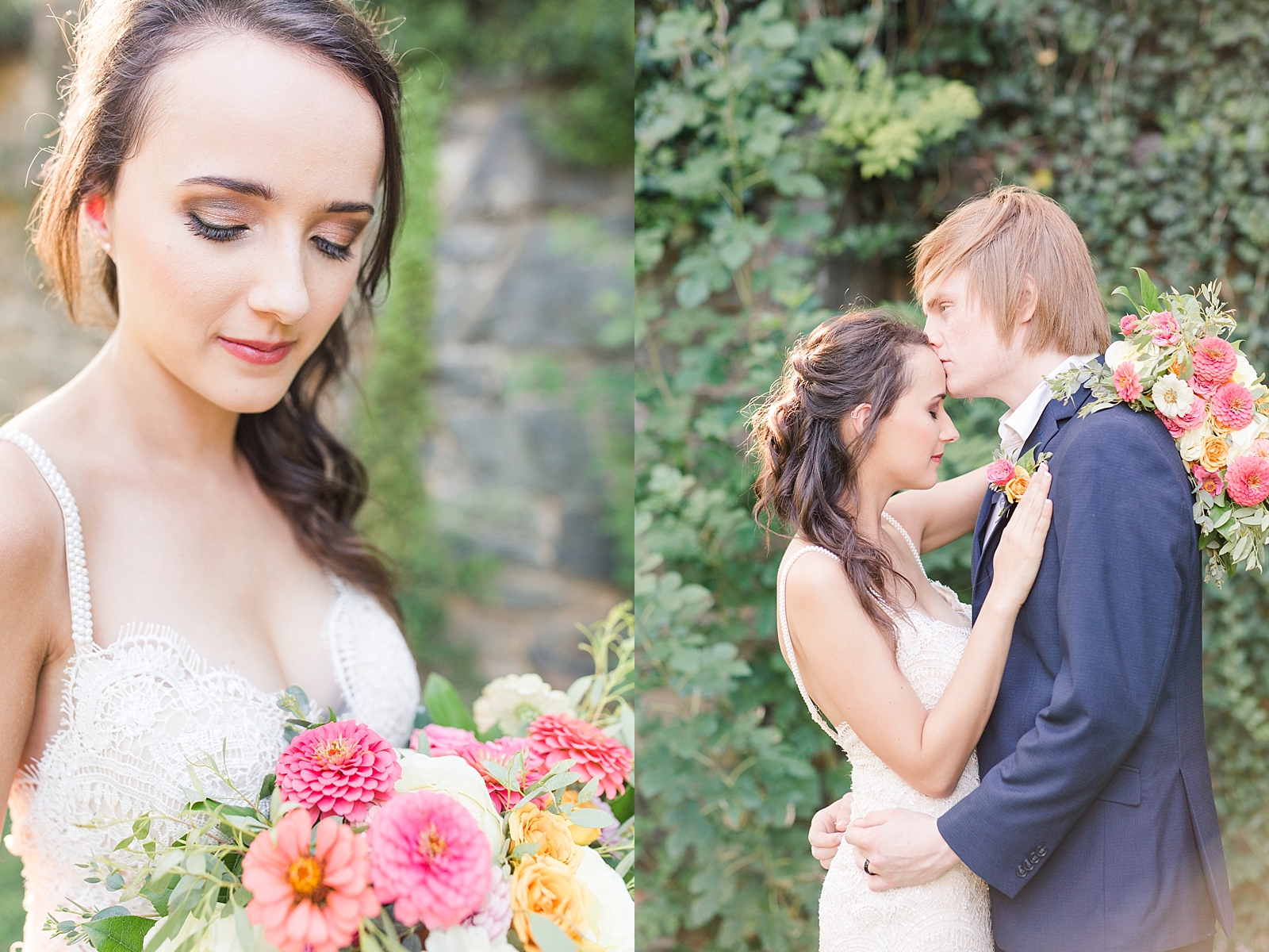 Atlanta Georgia Elopement Bride looking down at bouquet with pink flowers and groom kissing bride on the forehead Photos
