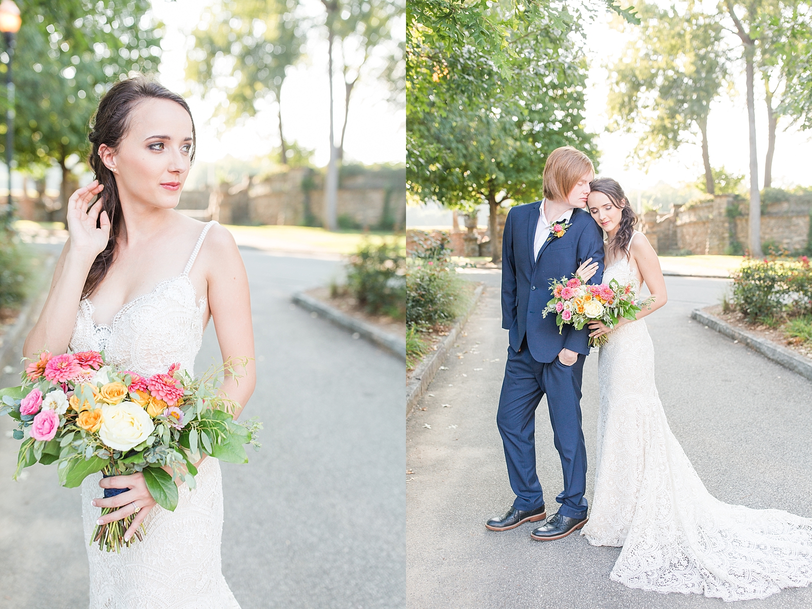 Atlanta Georgia Elopement Bride holding bouquet with pink and yellow roses and groom kissing bride on forehead Photos