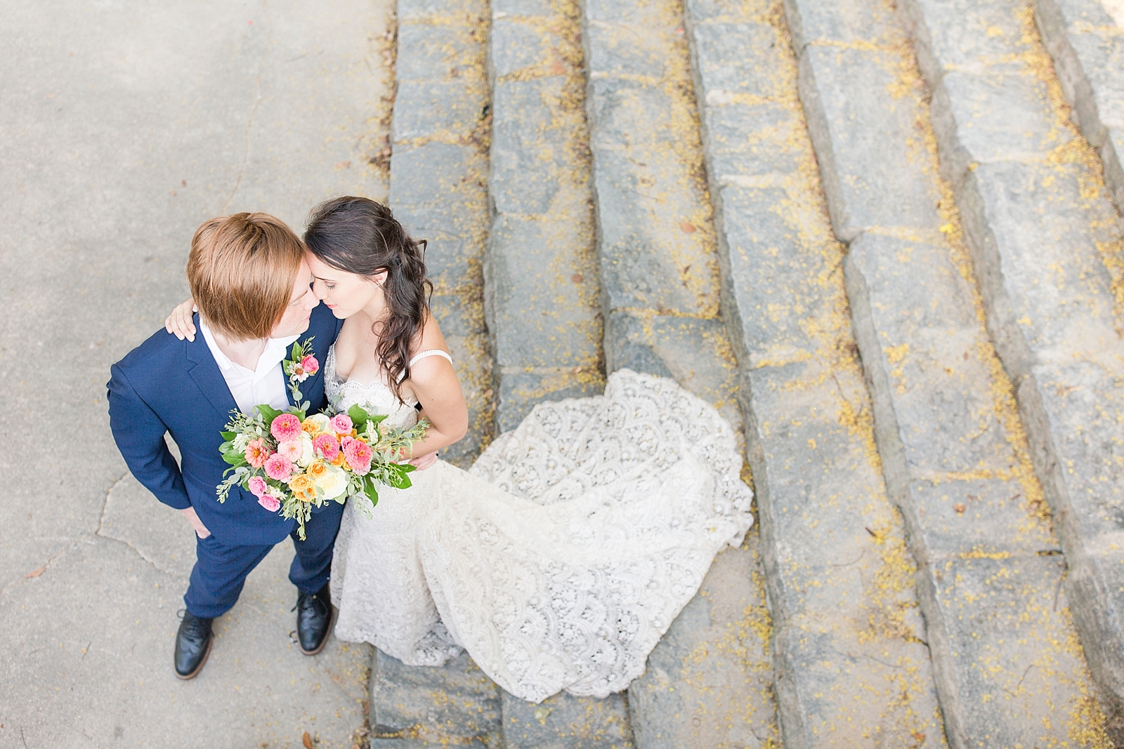 Atlanta Georgia Elopement Bride and Groom nose to nose on stone staircase Photo
