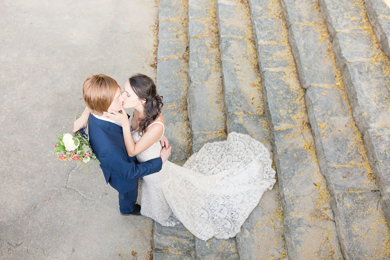Atlanta Georgia Elopement Bride and Groom kissing on stone staircase Photo
