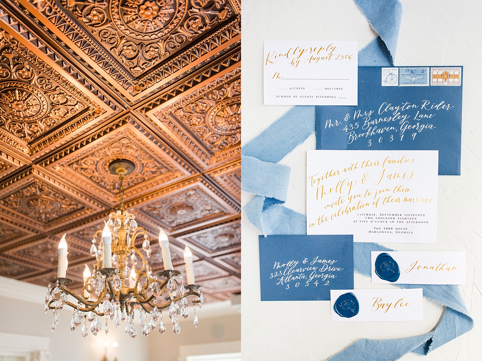 Dahlonega Wedding Venue The 1888 House ceiling with chandelier and invitation suite Photos