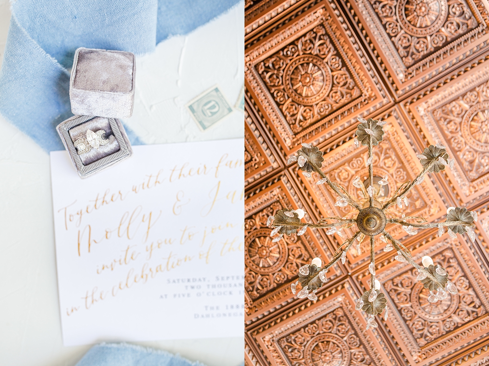 Dahlonega Wedding Venue Invitation Suite with Wedding Ring and The 1888 House ceiling and chandelier detail Photos