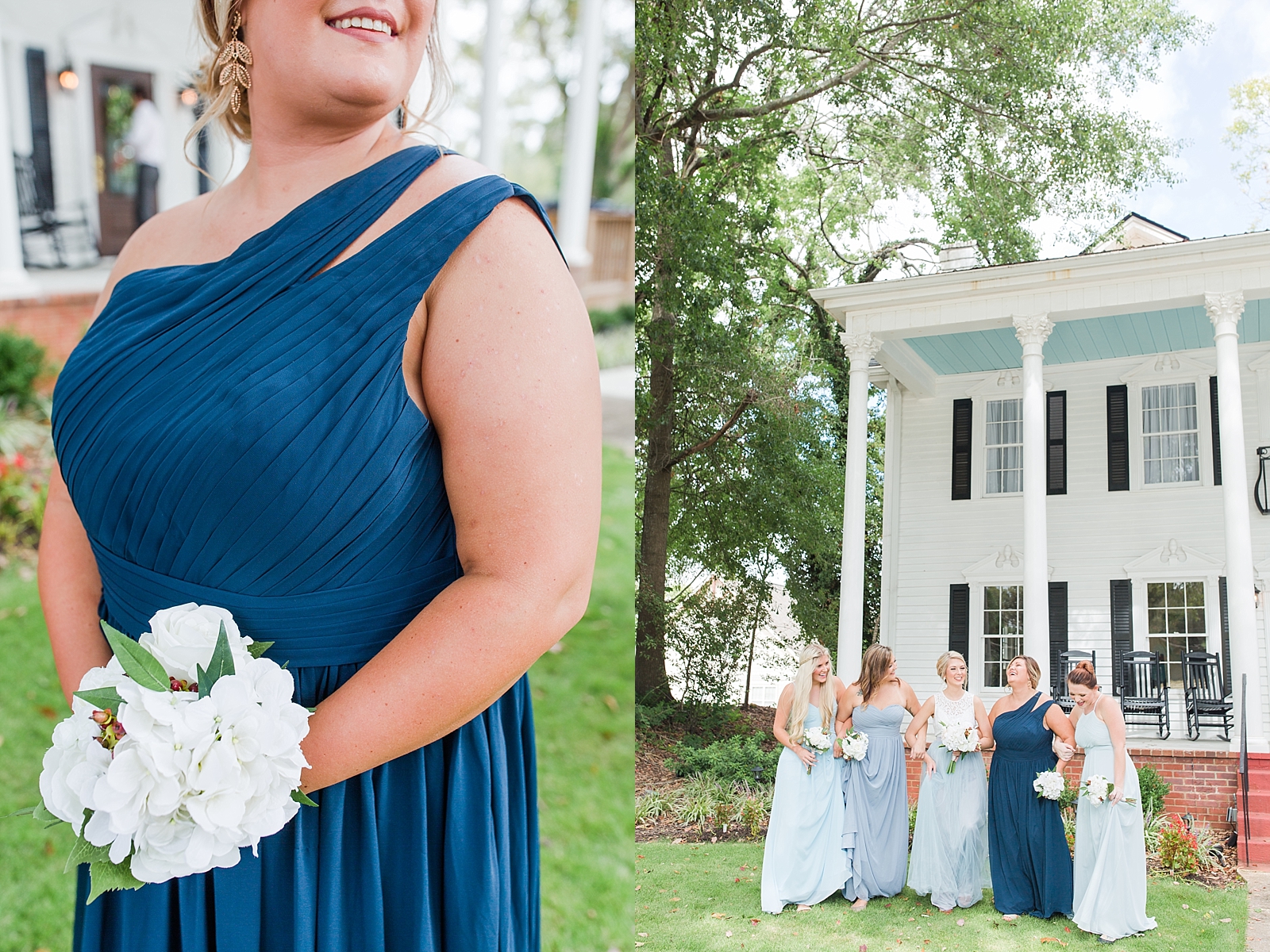 Dahlonega Wedding Venue Maid of Honor Flower Detail and Bride laughing and walking with Bridesmaids Photos