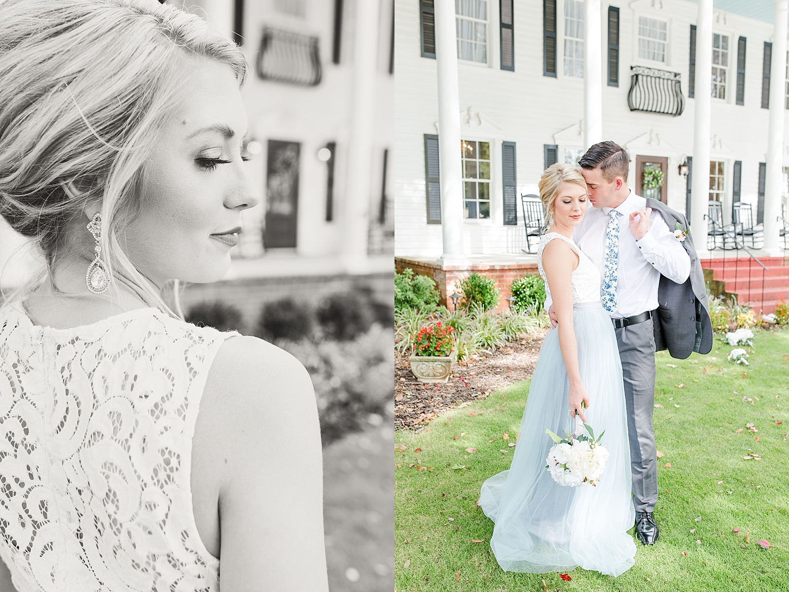 Dahlonega Wedding Venue Black and white of Bride looking over her shoulder and Bride and Groom Snuggling Photos
