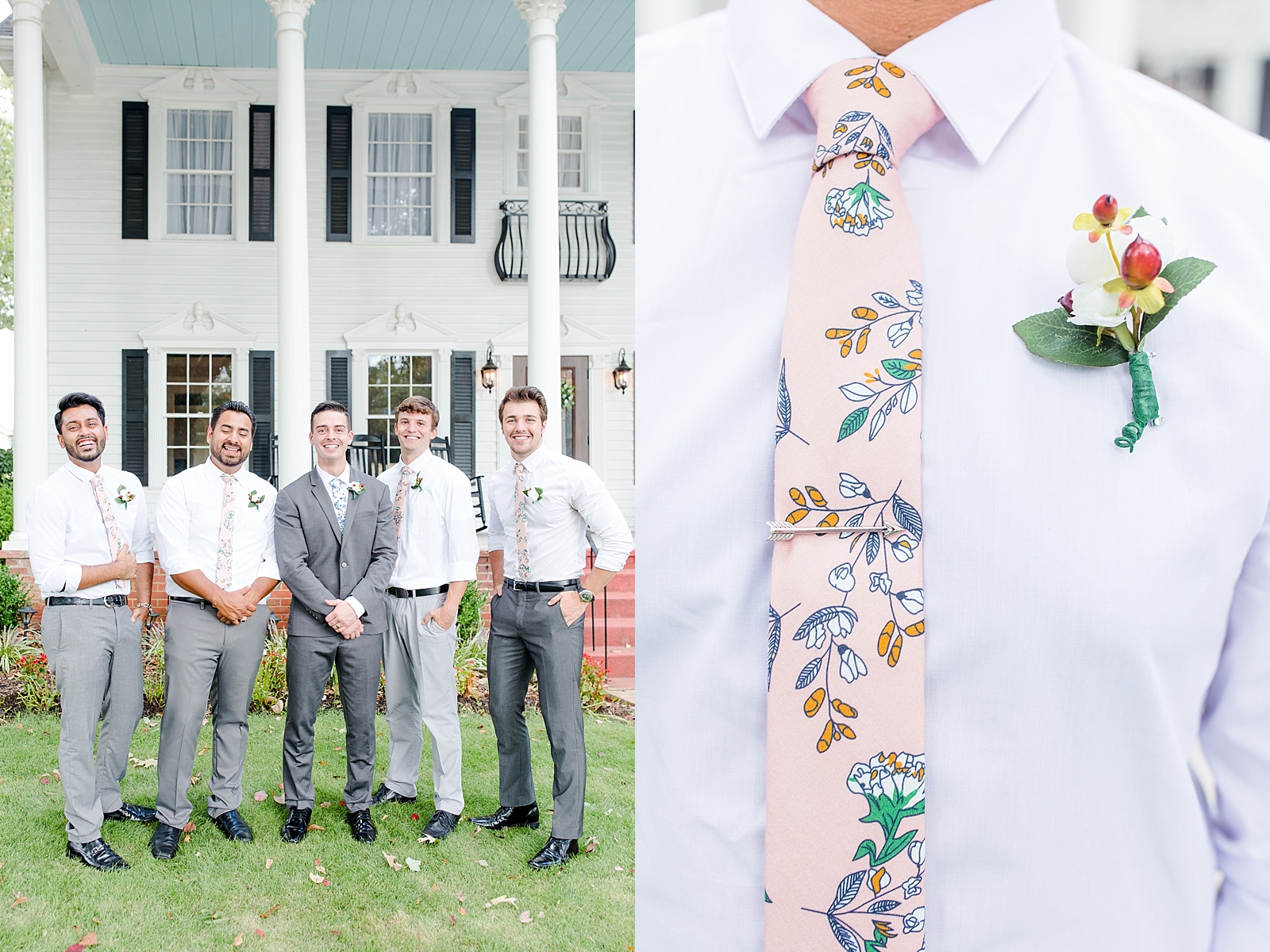 Dahlonega Wedding Venue Groomsmen with the groom and detail of a groomsmen's pink and blue floral tie Photo
