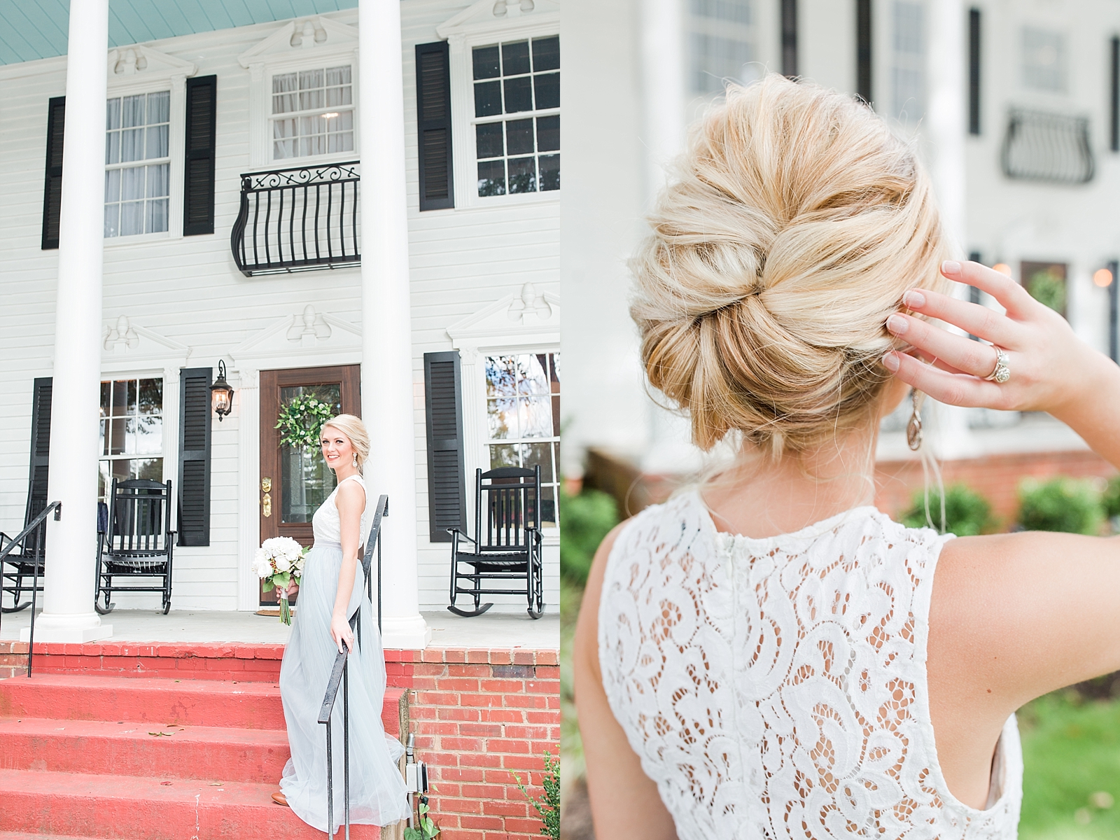Dahlonega Wedding Venue Bride on steps of The 1888 House and Detail of brides hair Photos
