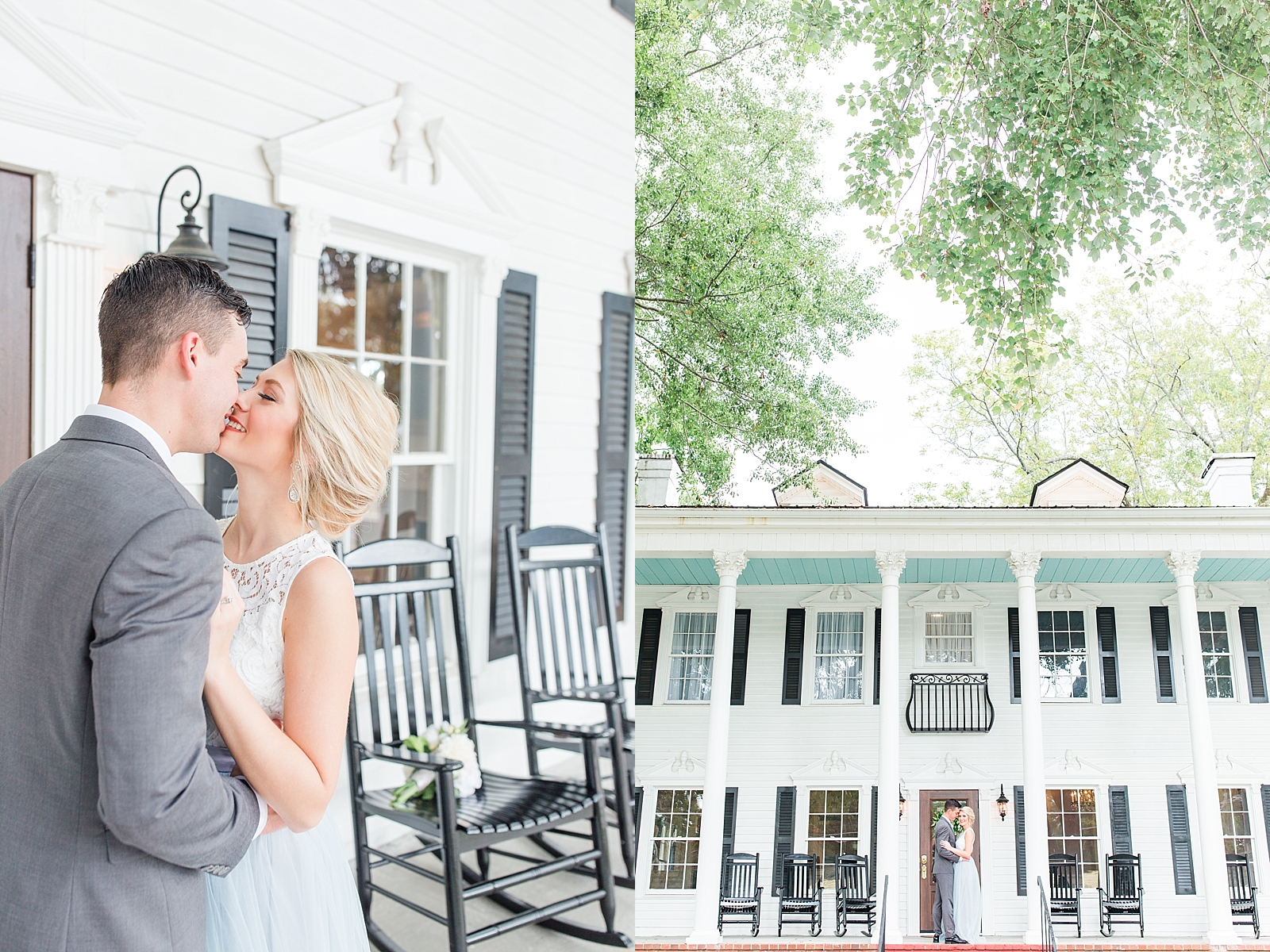 Dahlonega Wedding Venue Bride and Groom Kissing and snuggling on the porch of The 1888 House Photos