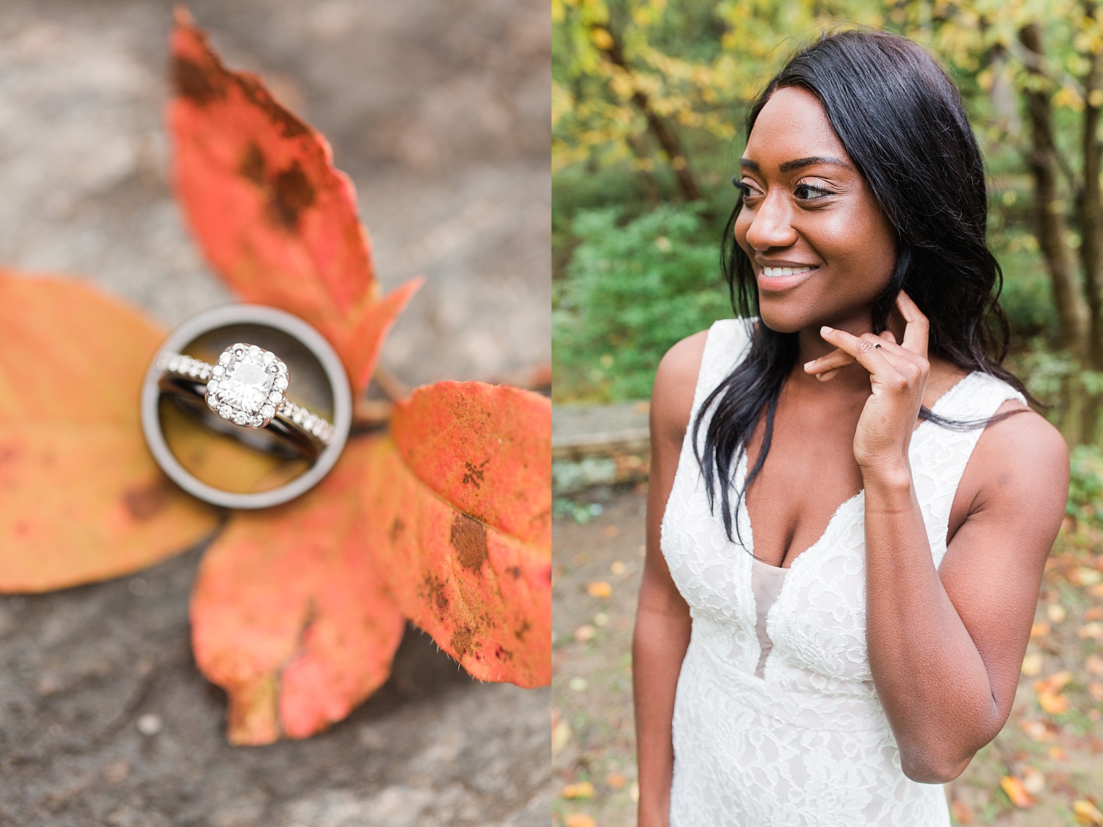 Asheville Botanical Gardens Elopement Couples Rings on Red Leaves and Bride Smiling Photos