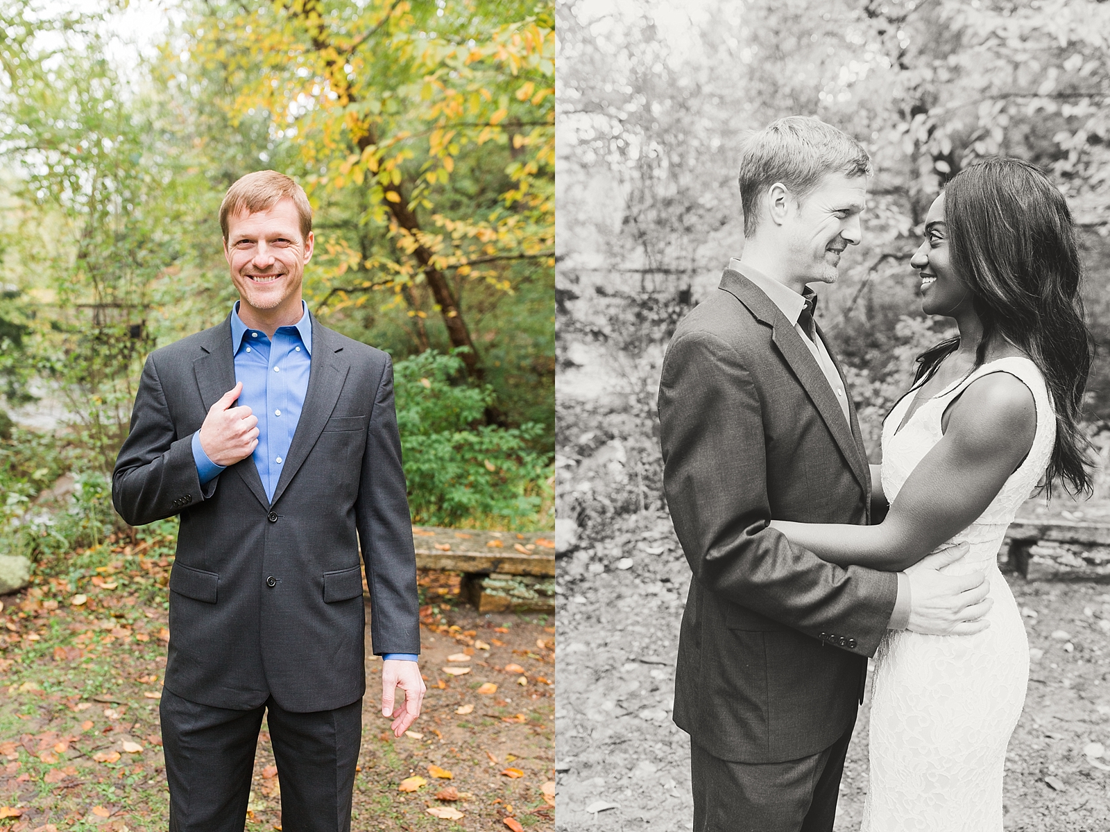 Asheville Botanical Gardens Elopement Groom and Black and White of Bride and Groom Smiling at each other Photos
