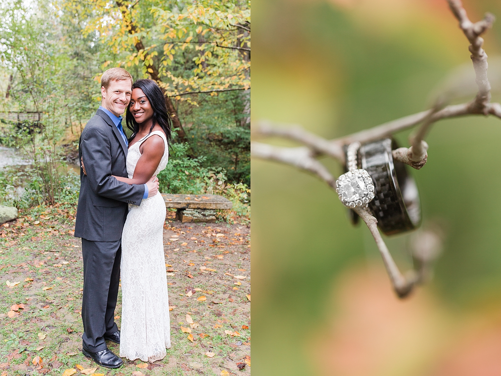 Asheville Botanical Gardens Elopement Bride and Groom Smiling at camera and detail of rings Photos