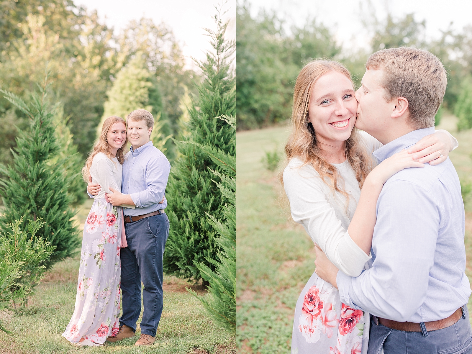 Charlotte Engagement Couple smiling at camera surrounded by Christmas trees and Bryson kissing Annabel on the cheek Photos