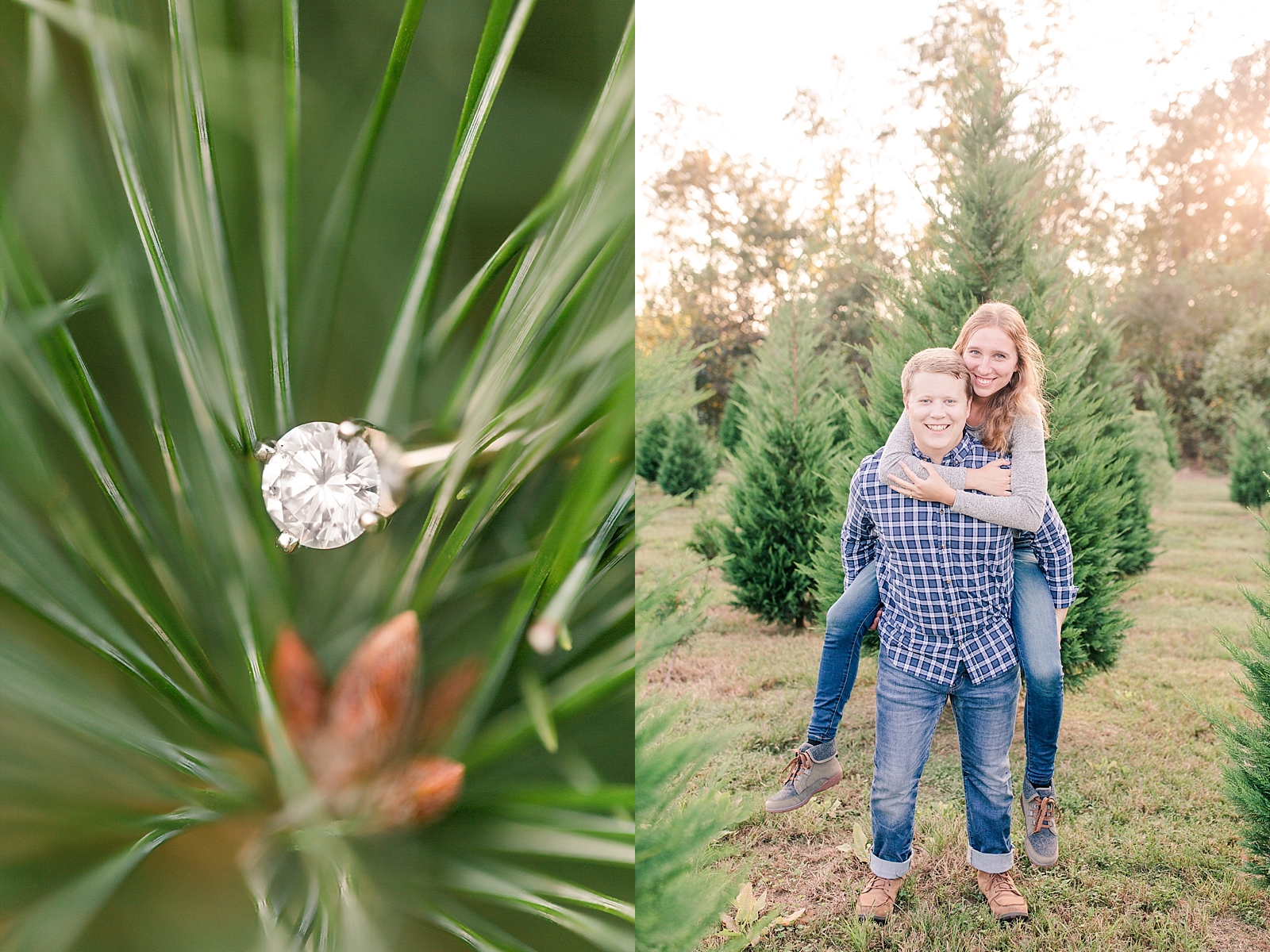 Charlotte Engagement Ring detail in pine needles and Annabel piggyback on Bryson's back Photos