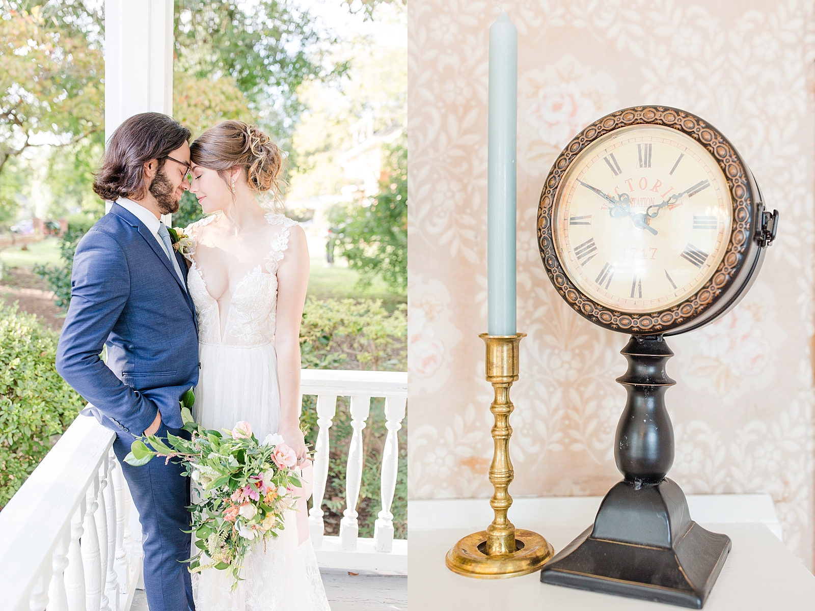 Columbia SC wedding venue bride and groom nose to nose and detail image of candle stick and clock photos