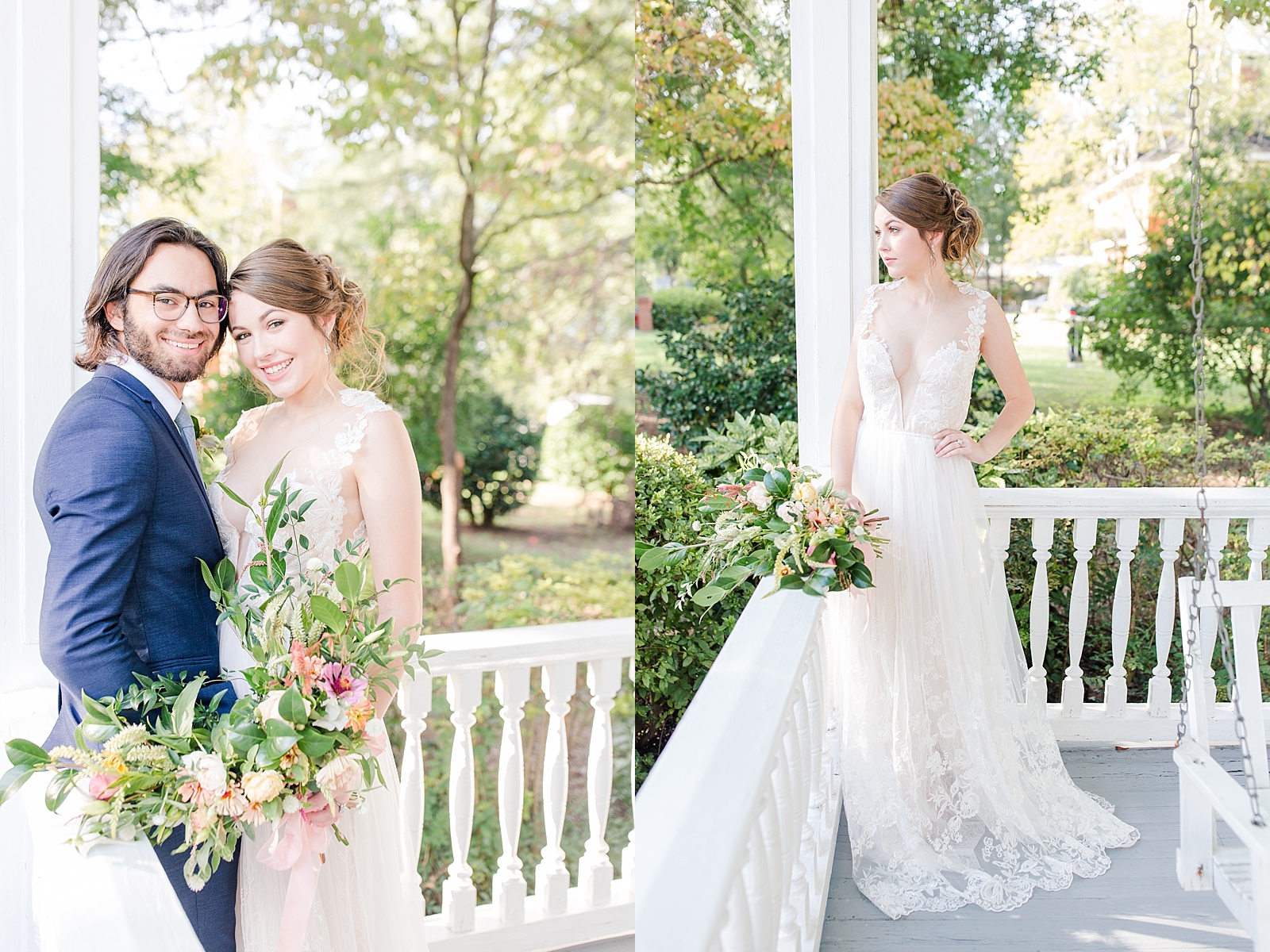 Columbia SC wedding venue bride and groom smiling at the camera bride standing by porch rail looking off photos