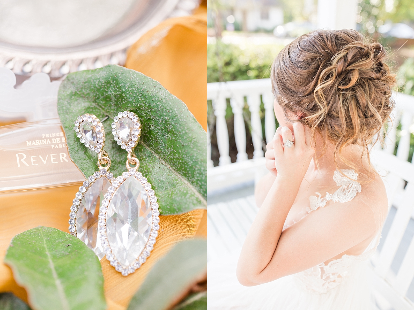 Columbia SC wedding venue detail of earrings and perfume and brides hairstyle photos