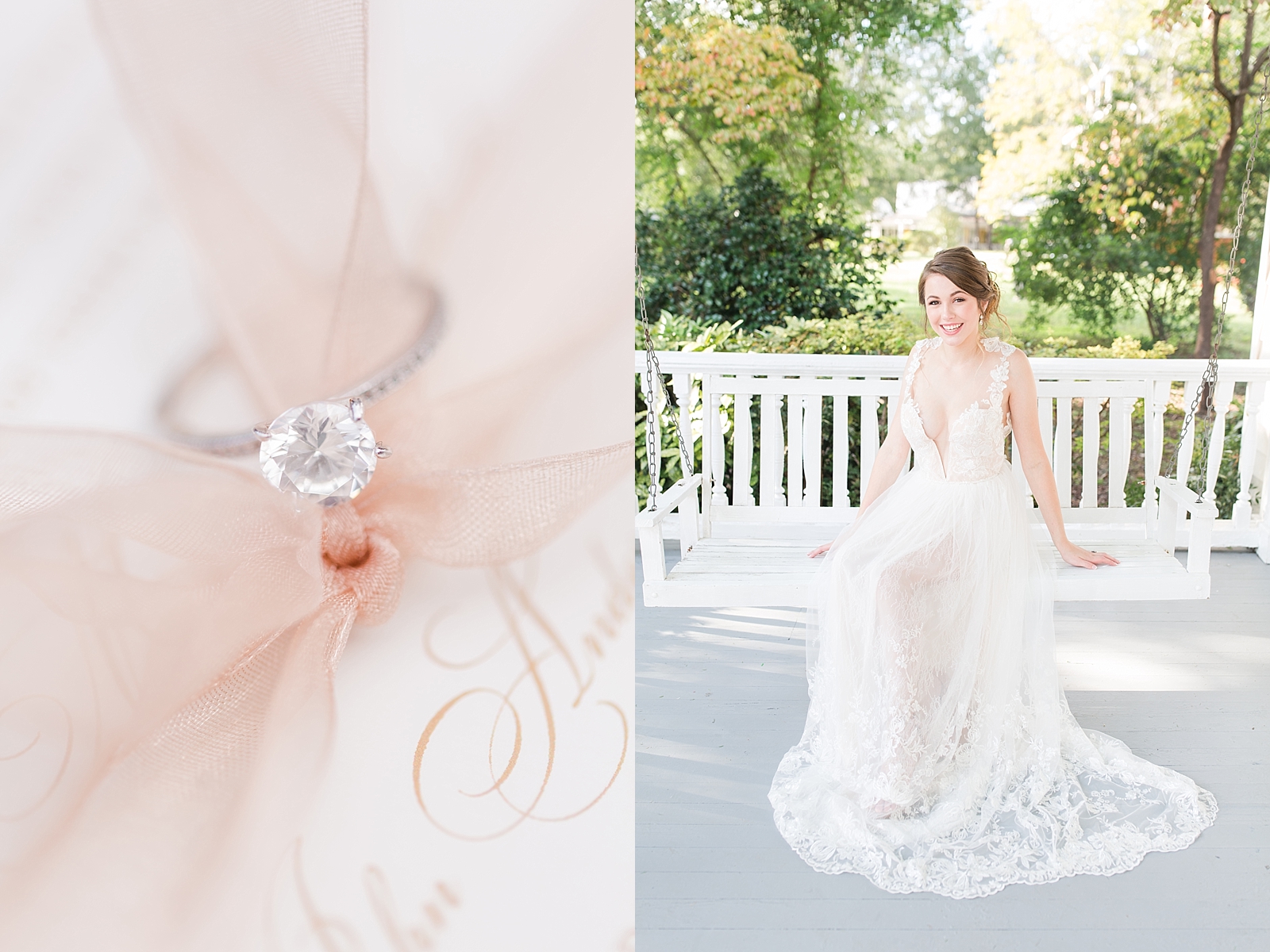 Columbia SC wedding venue ring detail and bride sitting on front porch swing photos
