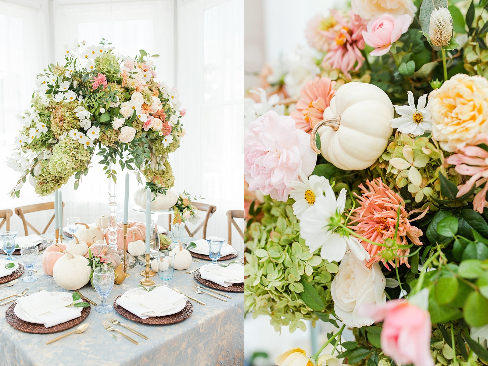 Columbia SC wedding venue reception table and detail of floral centerpiece with white pumpkins photos