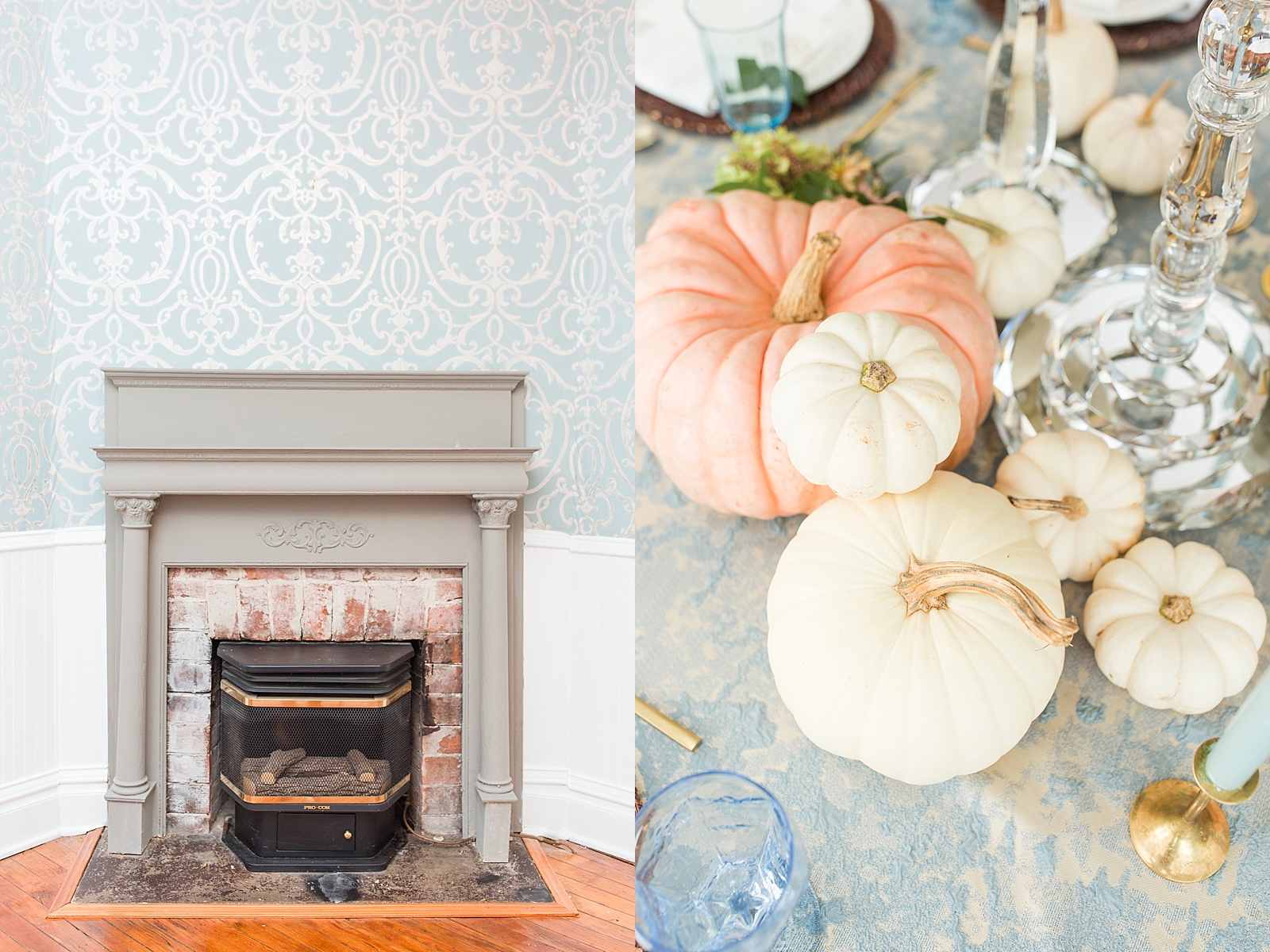 Columbia SC wedding venue detail of fireplace and white pumpkins on reception table photos