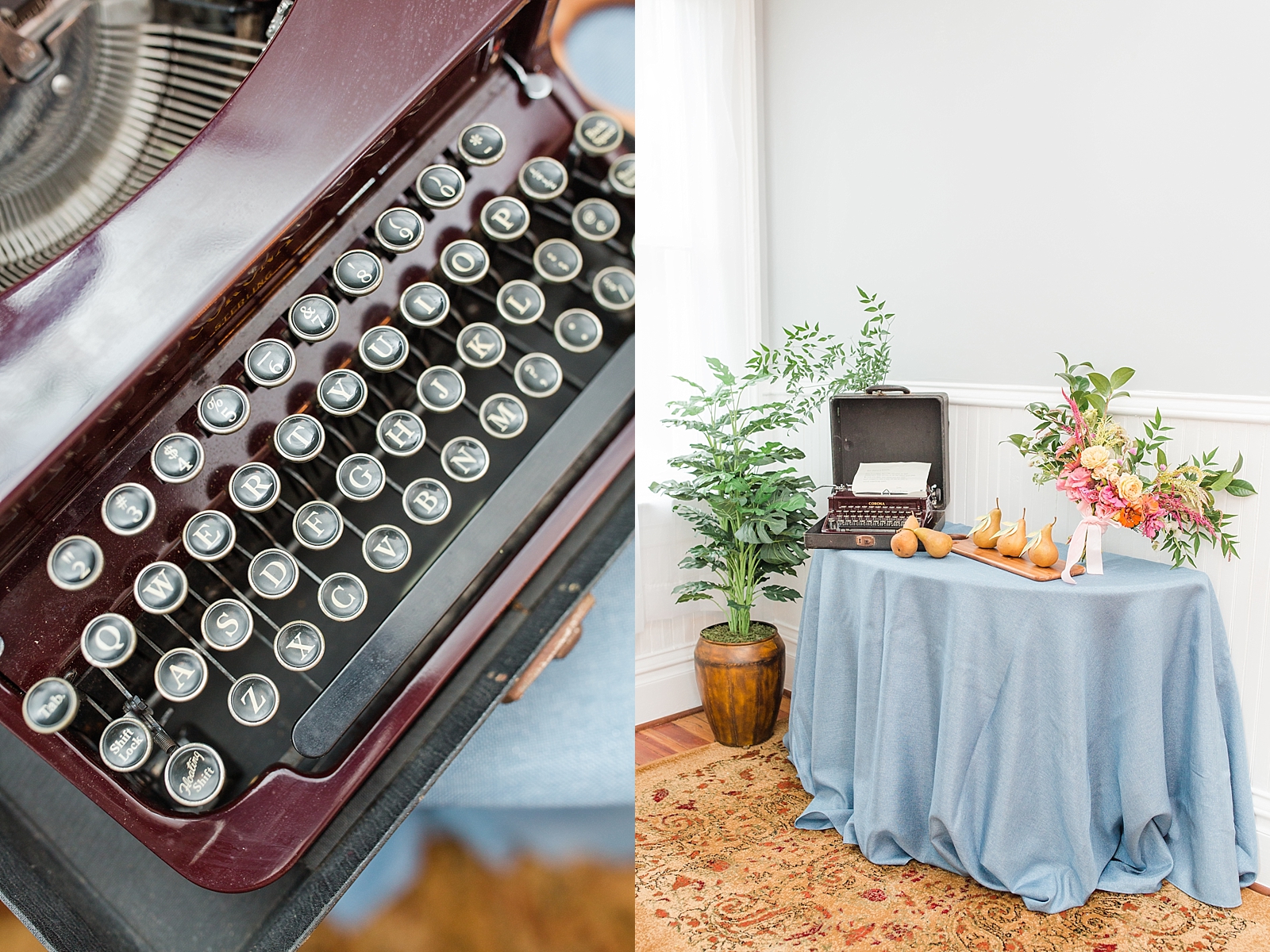Columbia SC wedding venue detail of type writer and decorative pears on table photos