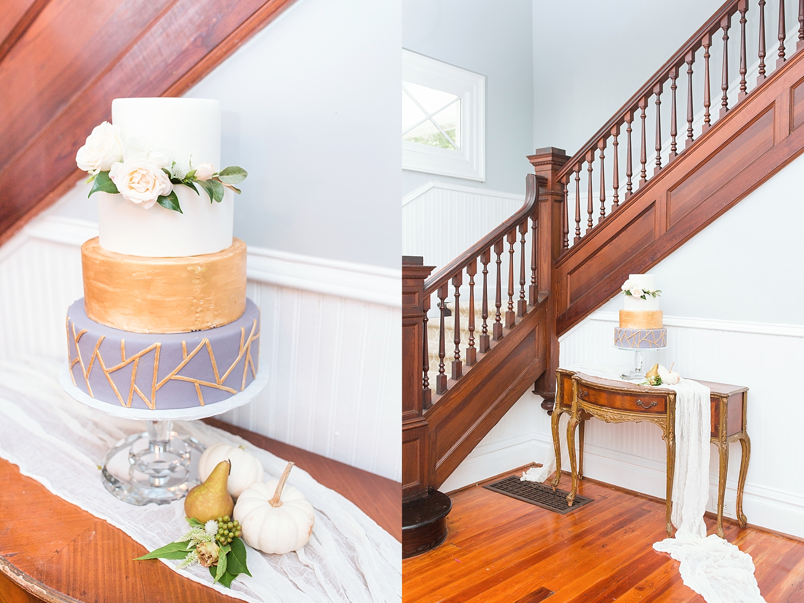 Columbia SC wedding venue cake on table in front of stair case photos