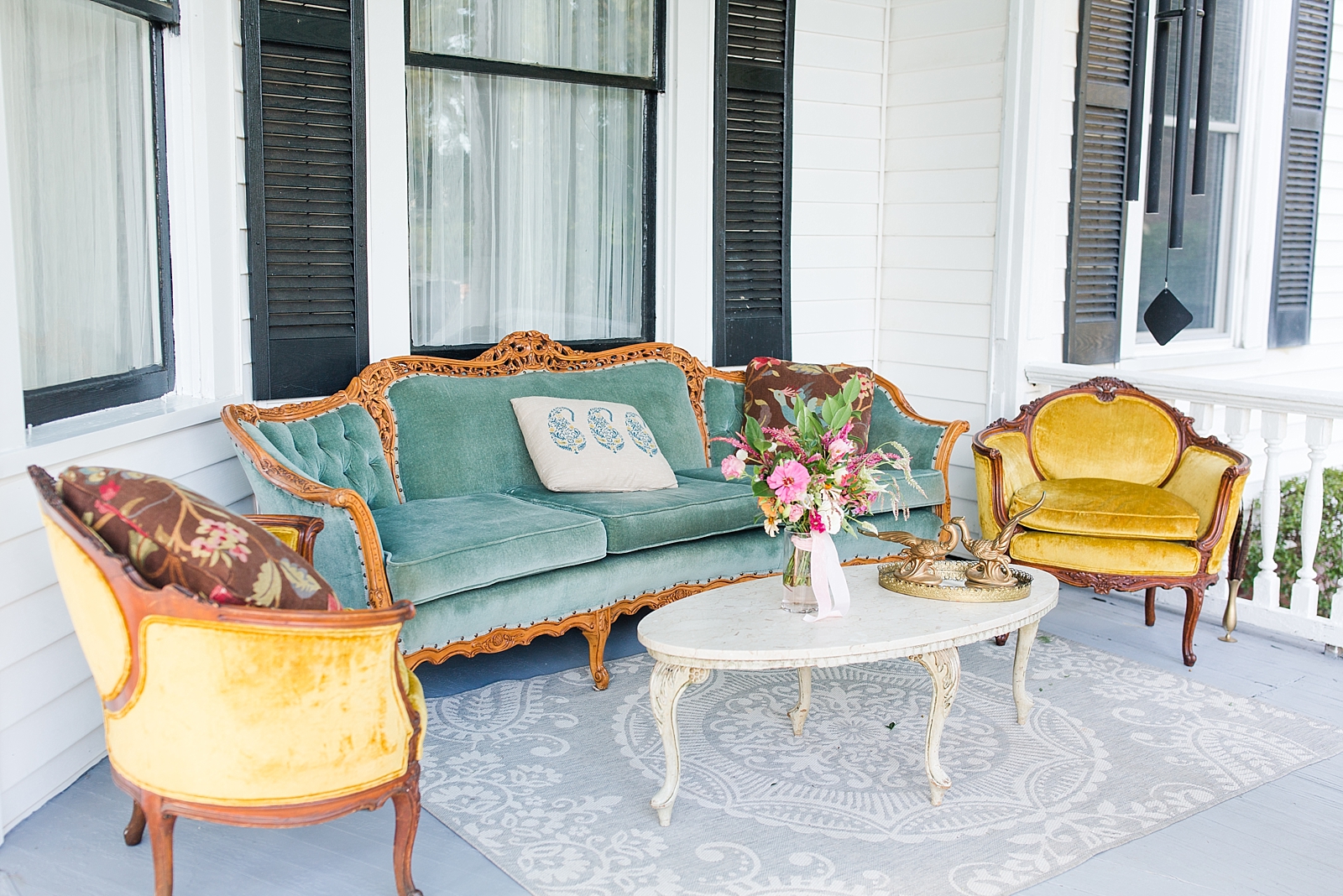 Columbia SC wedding venue vintage furniture on porch photo