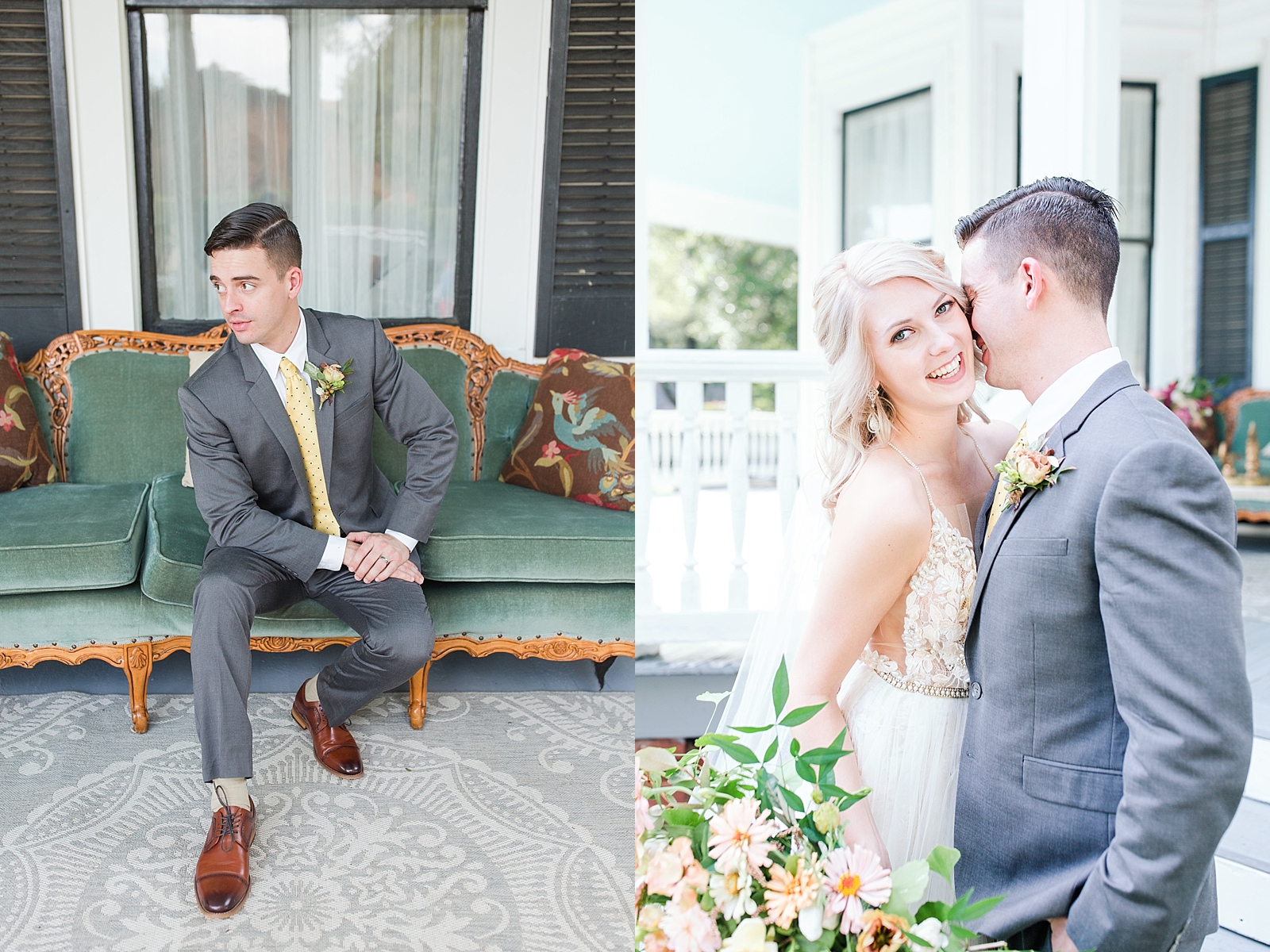 Columbia SC wedding venue groom sitting on vintage couch and bride and groom laughing photos