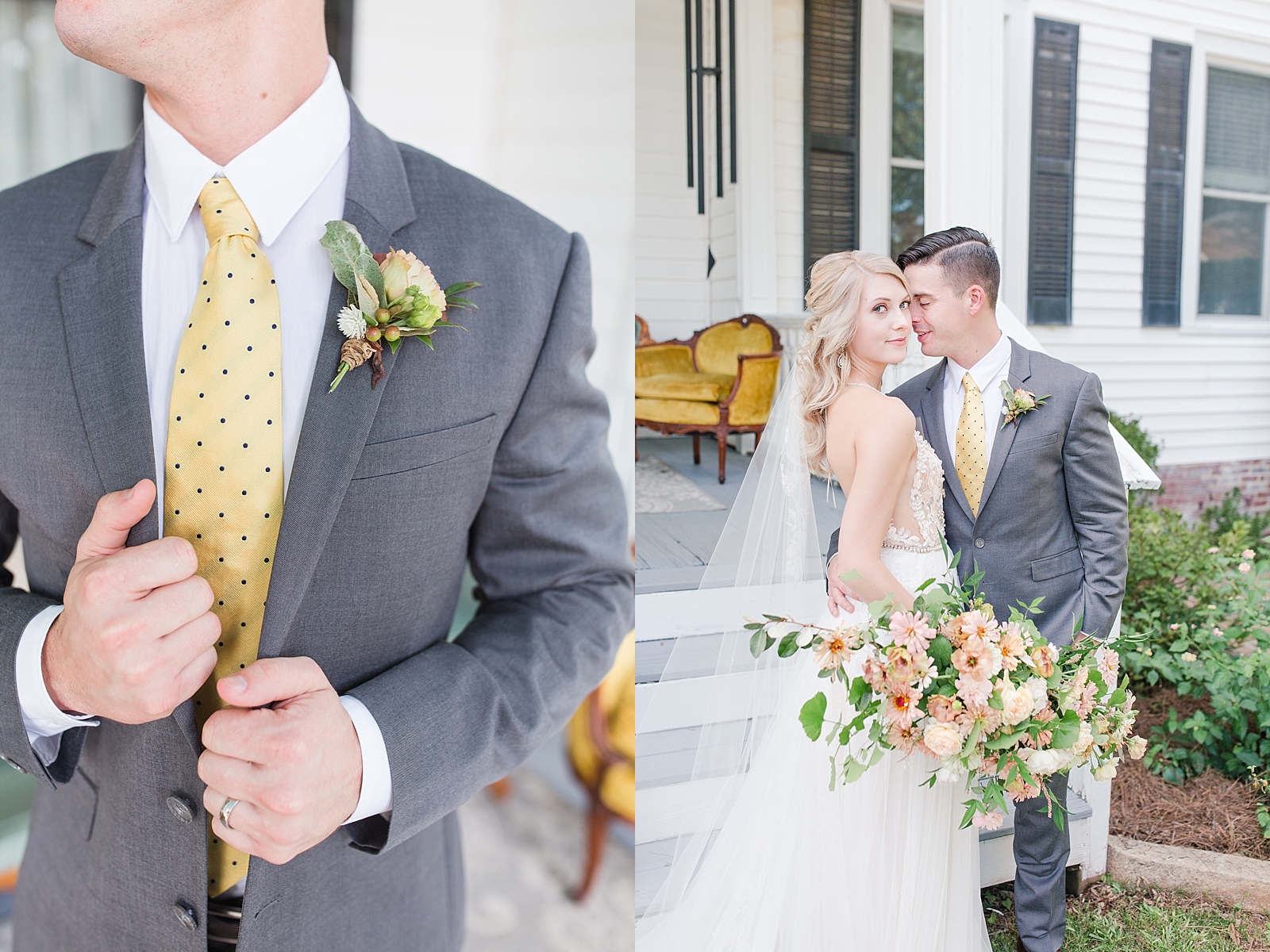 Columbia SC wedding venue detail of grooms suit and tie and boutonnière and bride looking at camera and groom nuzzling photos