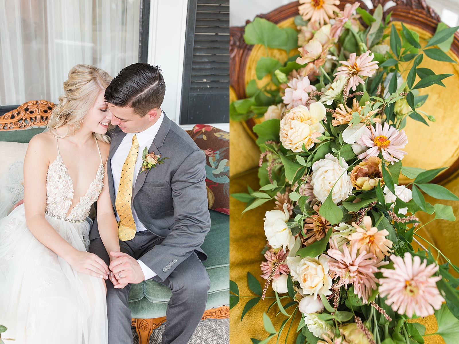 Columbia SC wedding venue bride and groom nuzzling together on vintage couch and bouquet on yellow chair photos