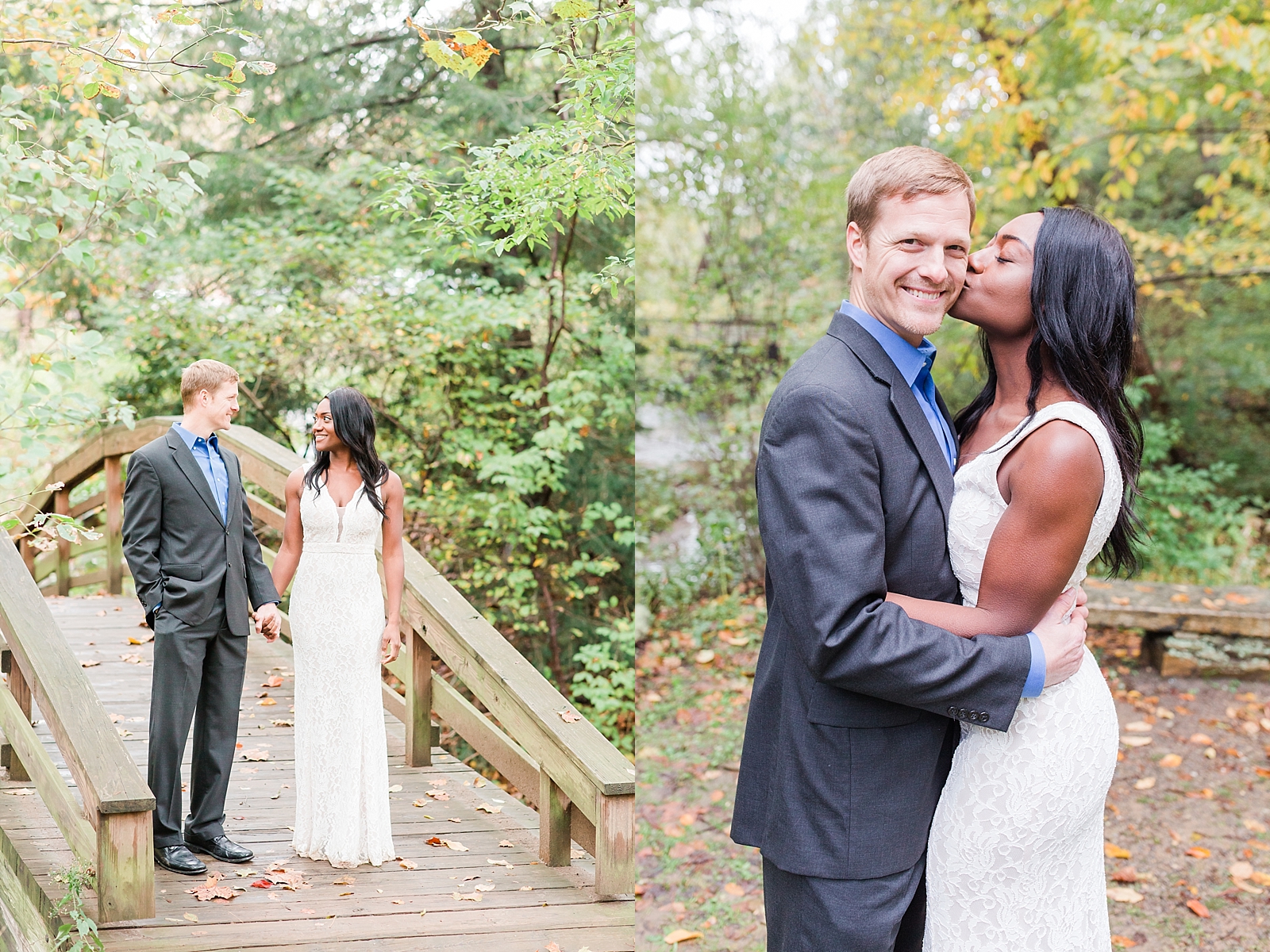 Asheville Botanical Gardens Elopement Couple holding hands smiling at each other and Bride Kissing groom Photos