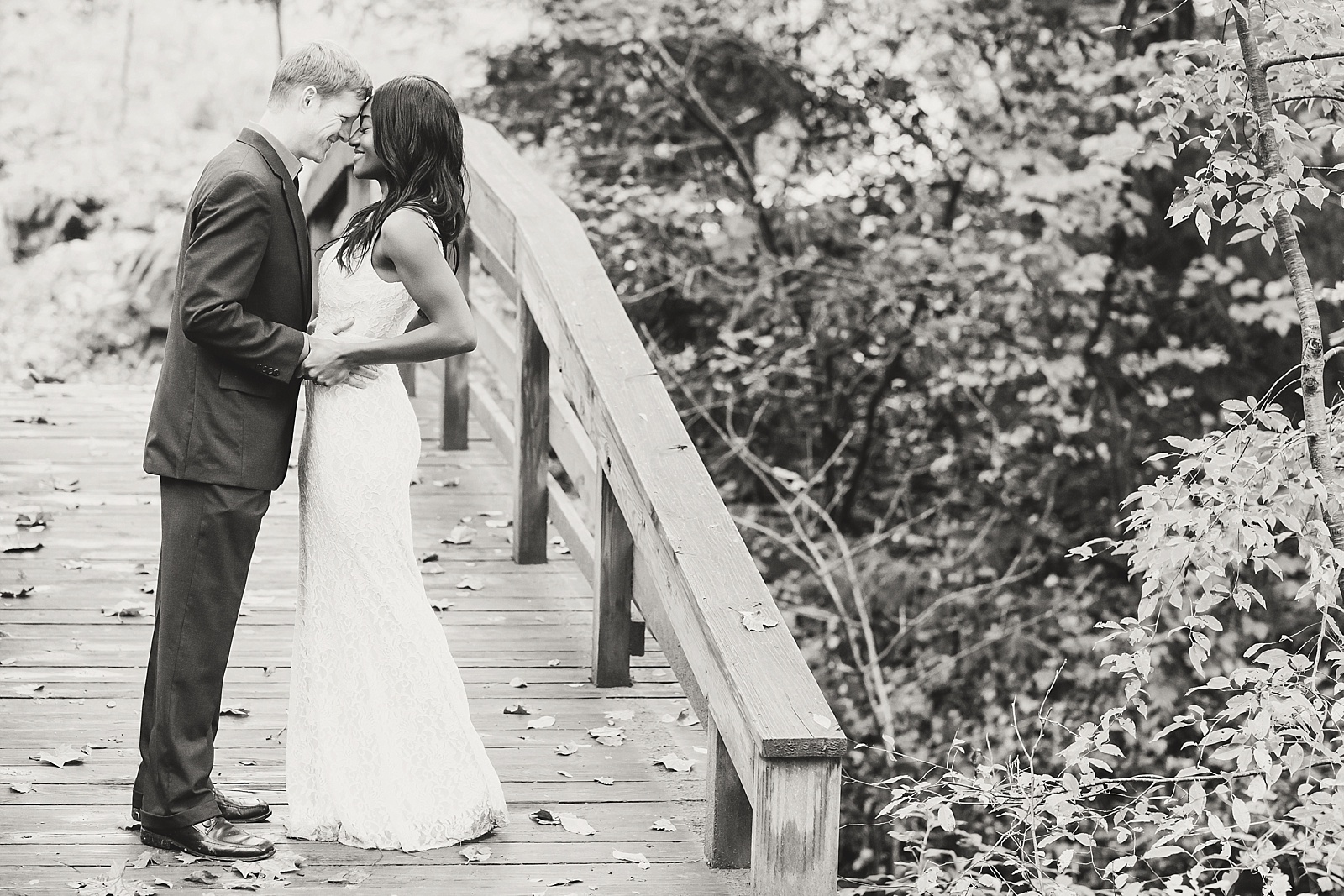 Asheville Botanical Gardens Elopement Black and White of Bride and Groom nose to nose Photo