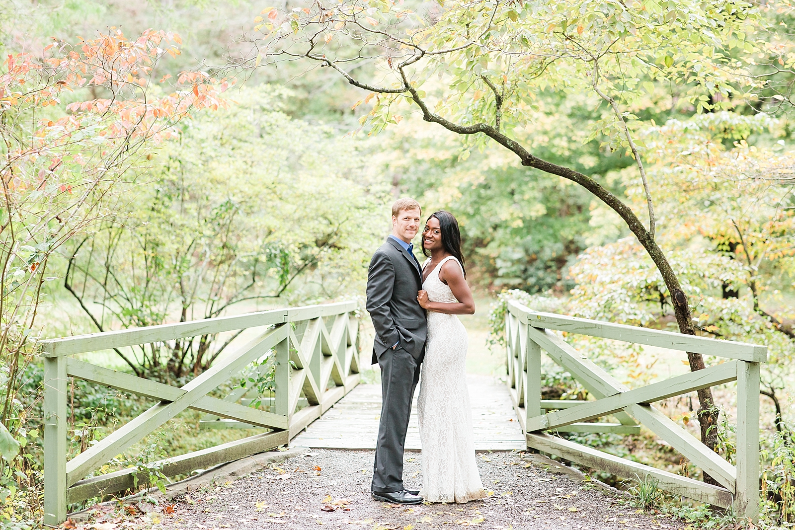 Asheville Botanical Gardens Elopement Bride and Groom in front of Bridge Photo