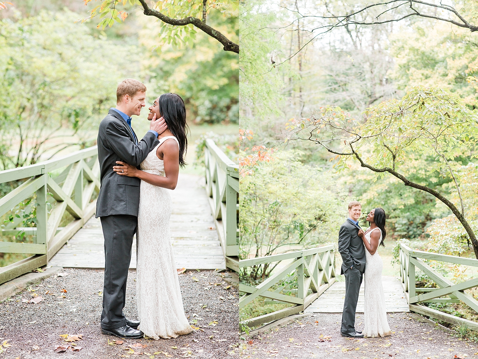 Asheville Botanical Gardens Elopement Bride and Groom smiling at each other Photos