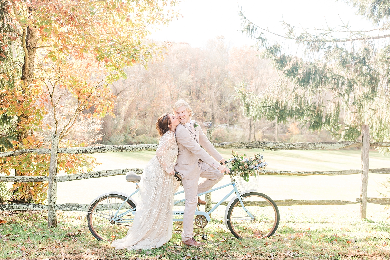 Couple on Bicycle Kissing at Asheville Wedding Venue The Barn at Honeysuckle Hill 