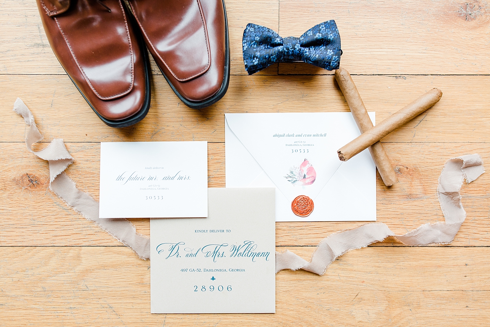 Juliette Chapel Wedding Grooms Details Shoes invitation suite bow tie and cigars Photo
