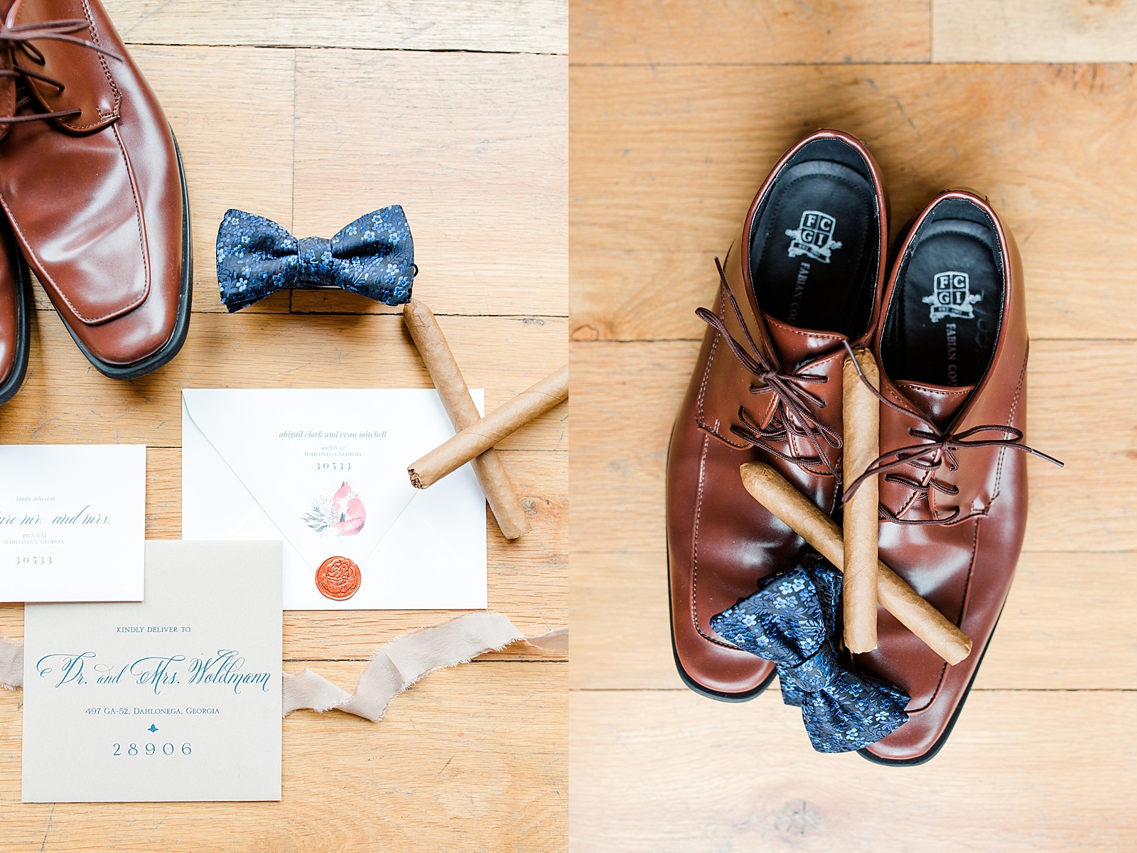 Juliette Chapel Wedding Groom Details Invitation with shoes and cigar and shoes with bow tie and cigars Photos