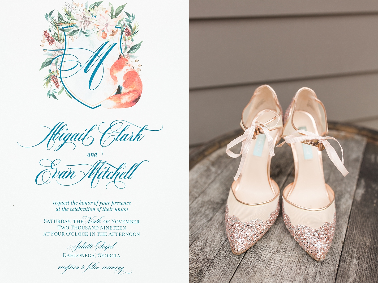 Juliette Chapel Wedding Invitation and Pink Sparkle Bridal Shoes Photos
