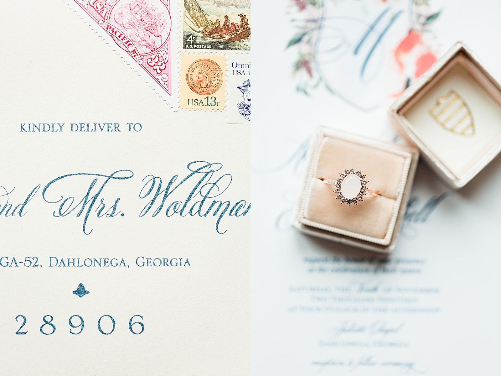 Juliette Chapel Wedding Detail of Invitation Suite envelope and Ring Photos