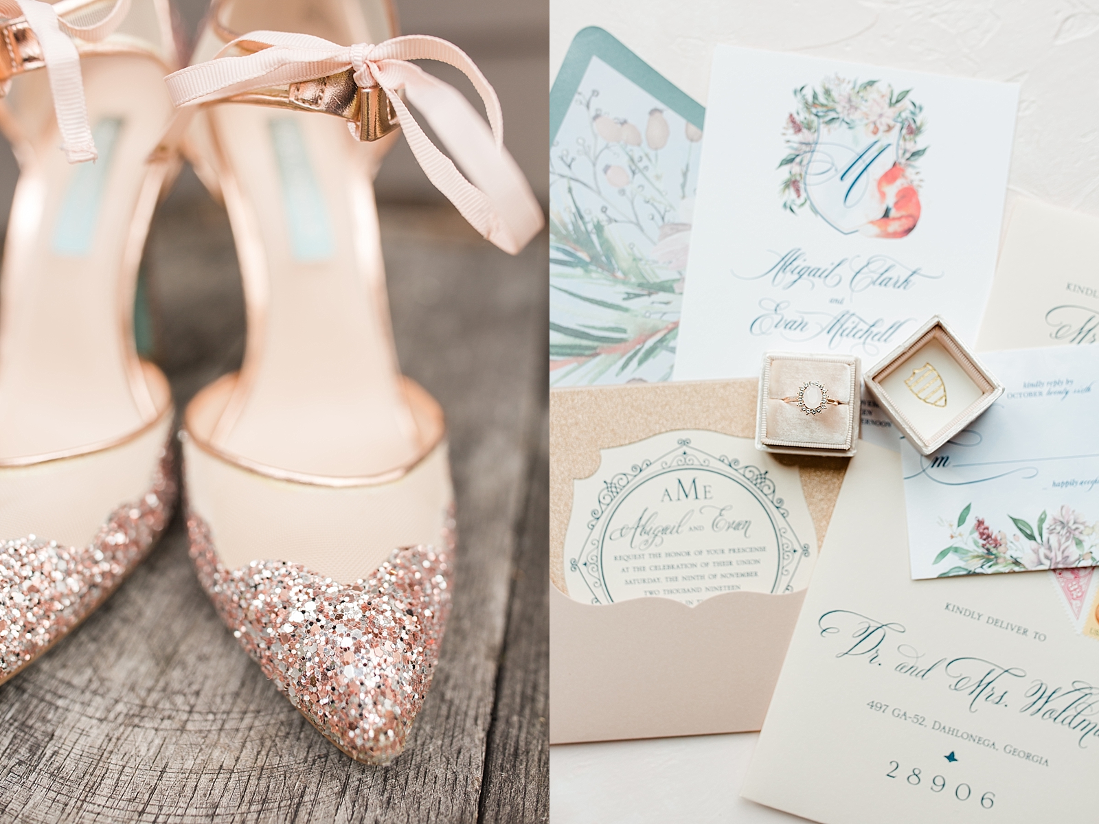 Juliette Chapel Wedding Pink Sparkle Bridal Shoes and invitation suite with ring Photos