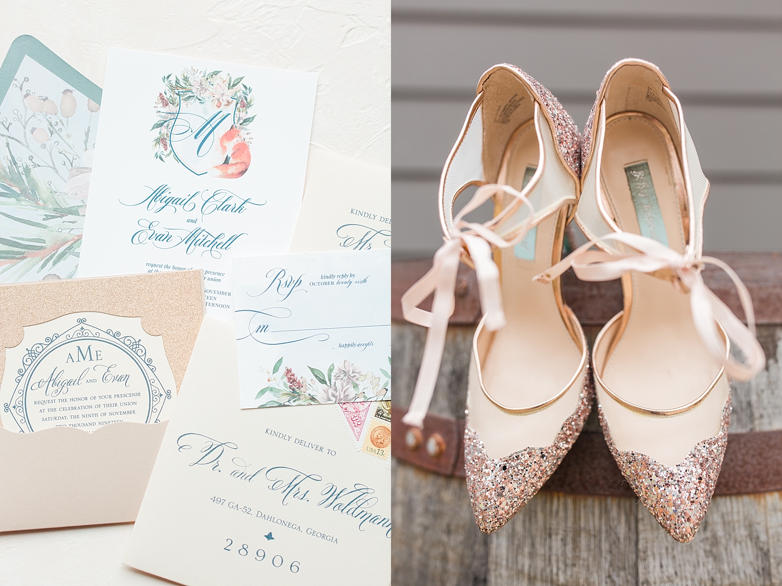 Juliette Chapel Wedding Invitation Suite and Pink Sparkle Bridal Shoes Photos