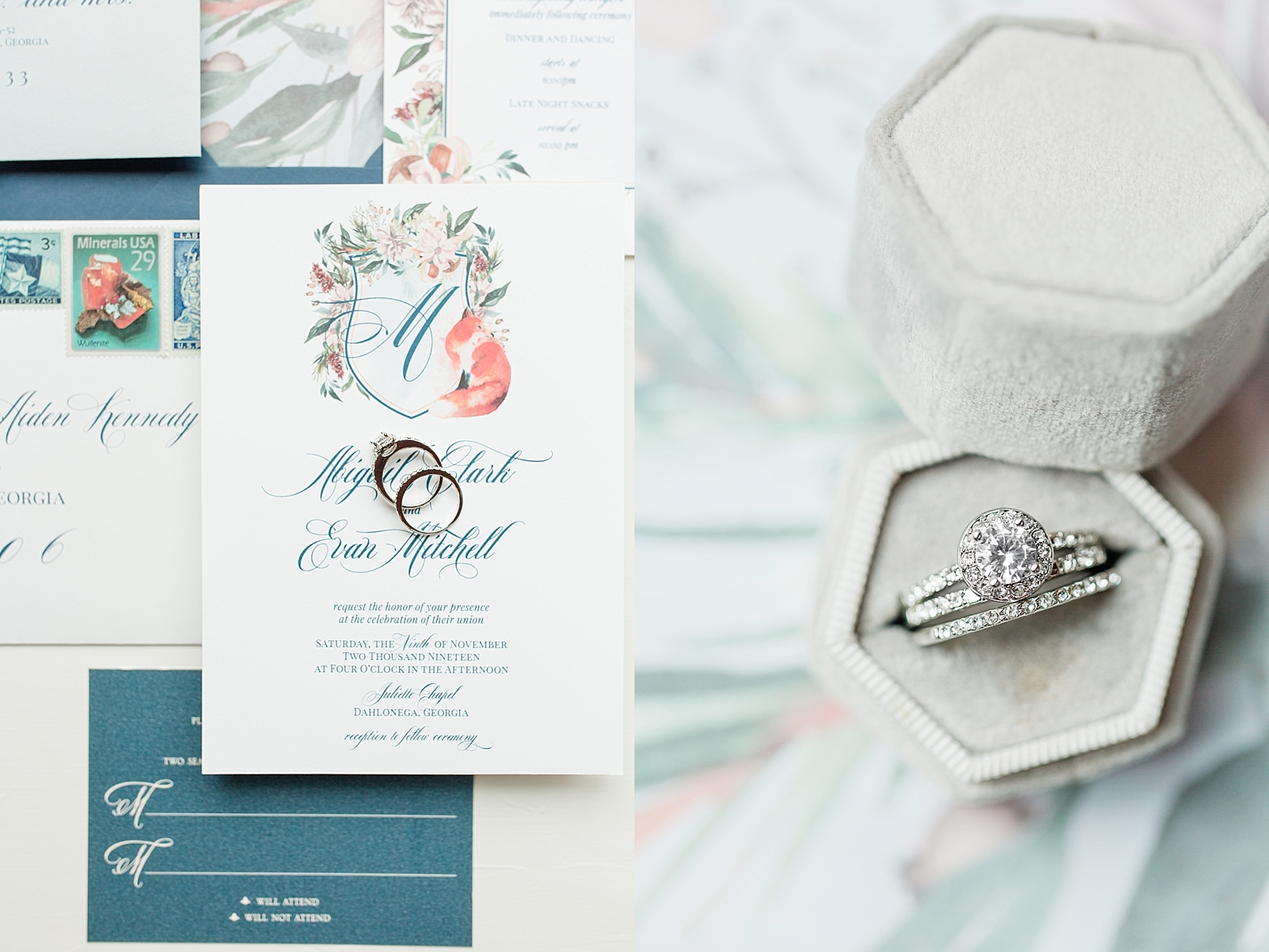 Juliette Chapel Wedding Invitation Suite and Detail of Ring in grey ring box Photos