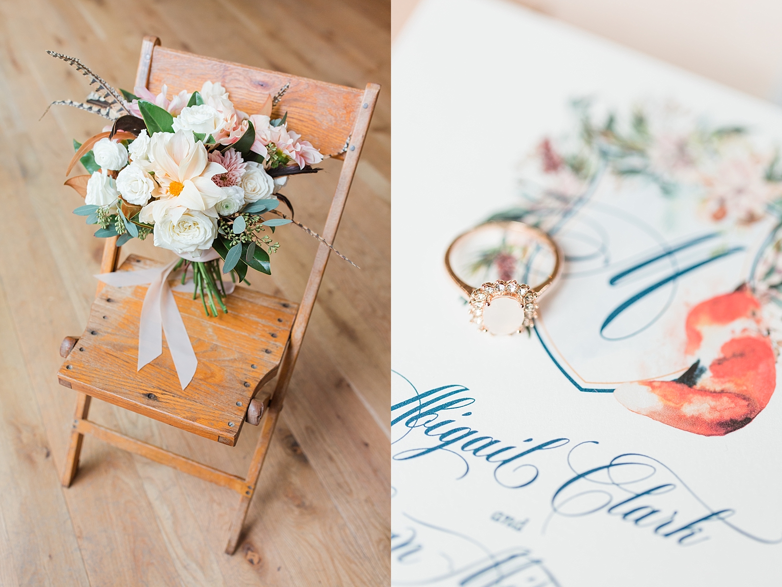 Juliette Chapel Wedding Bridal bouquet in Chair and Detail of wedding ring on invitation Photos