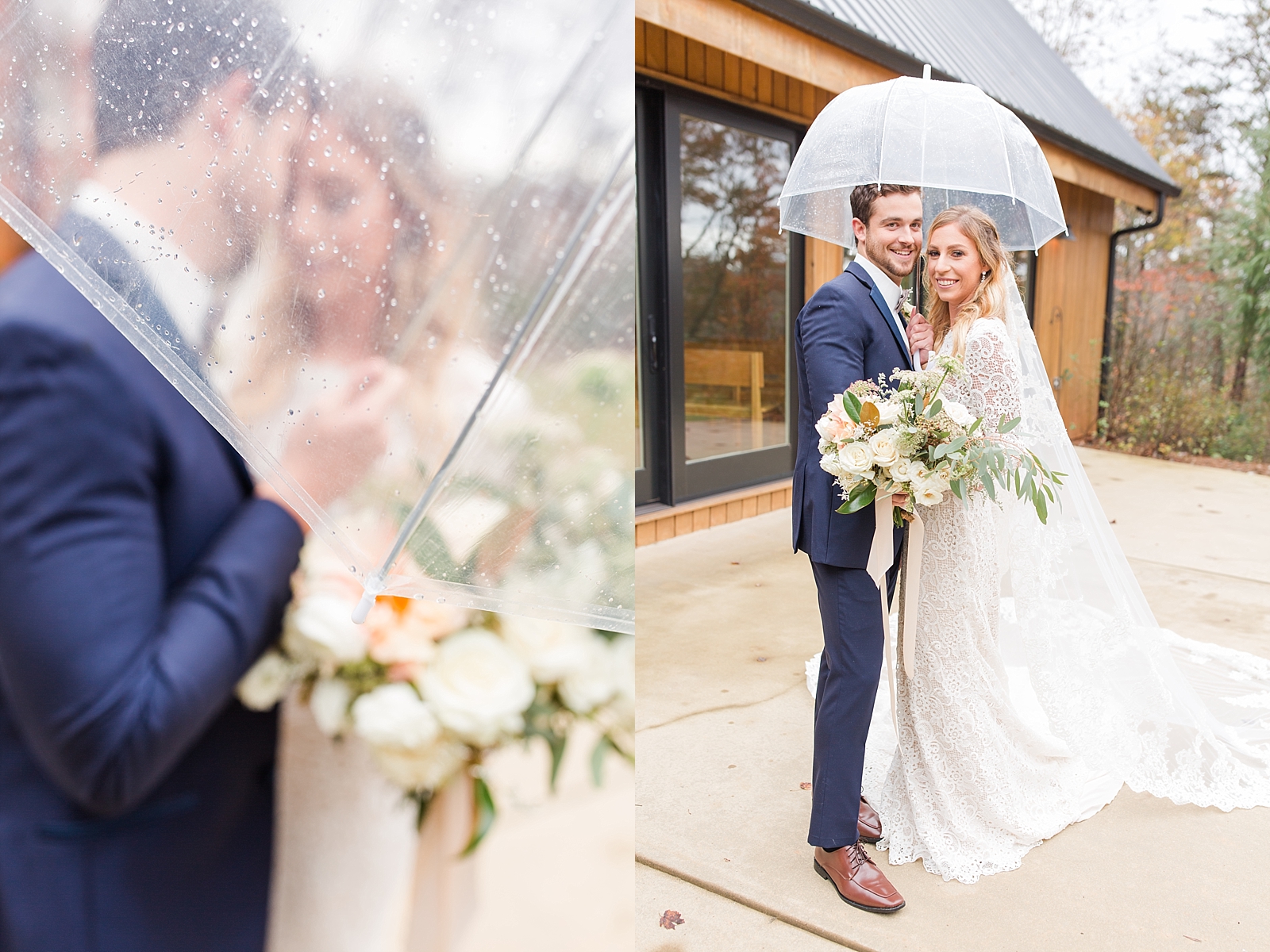 Juliette Chapel Wedding Couple snuggling under the umbrella and couple smiling at the camera under umbrella Photos